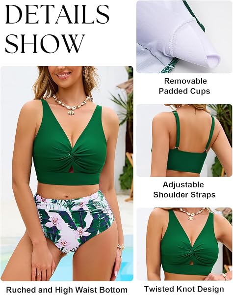 Nadeer Maillots de Bain Femme 2 Pieces Torsadé Push Up Cut Out Ensembles Bikini Gainant Ventre Plat Taille Haute Élégant Swimwear avec Imprimé Floral - 4