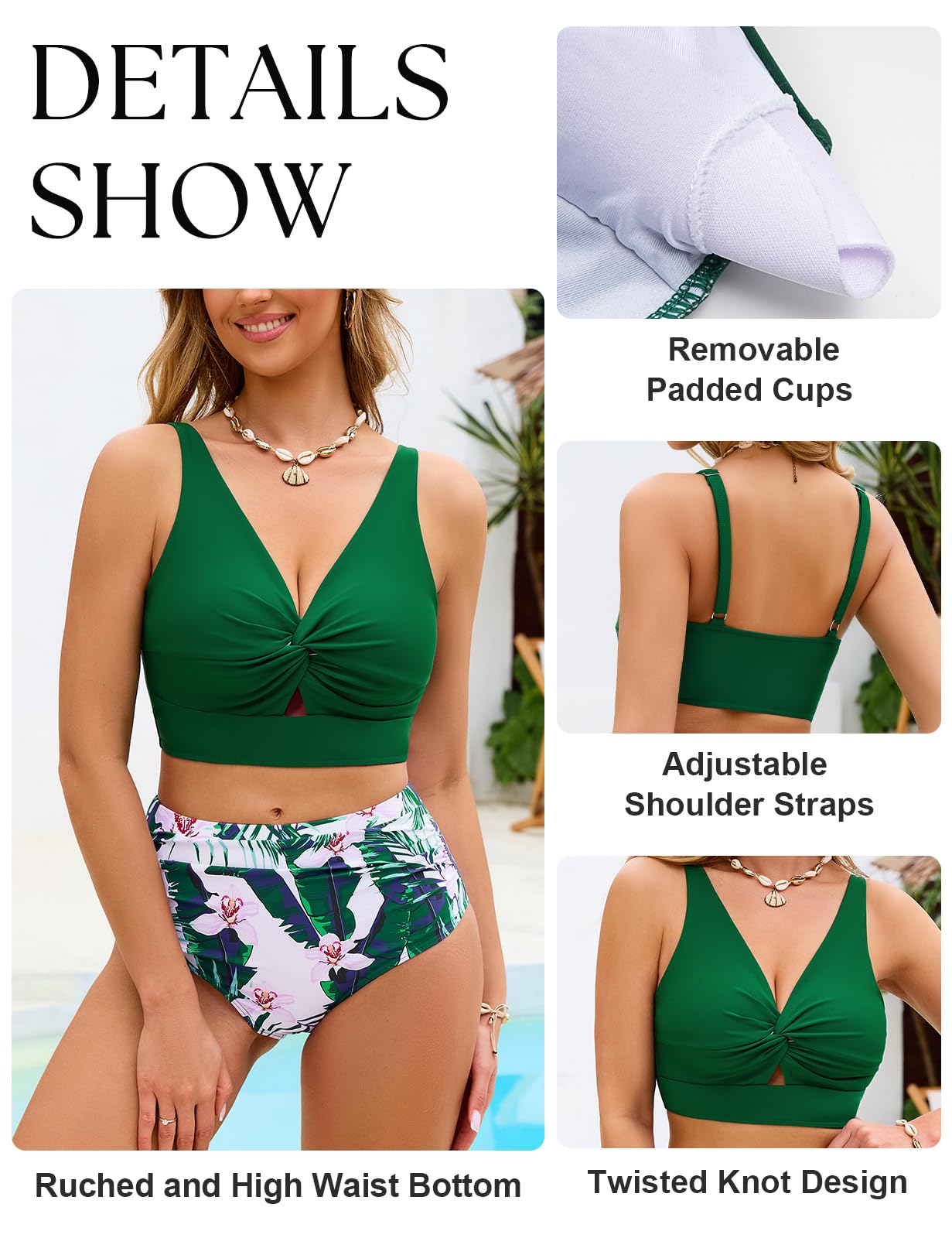 Nadeer Maillots de Bain Femme 2 Pieces Torsadé Push Up Cut Out Ensembles Bikini Gainant Ventre Plat Taille Haute Élégant Swimwear avec Imprimé Floral - 4