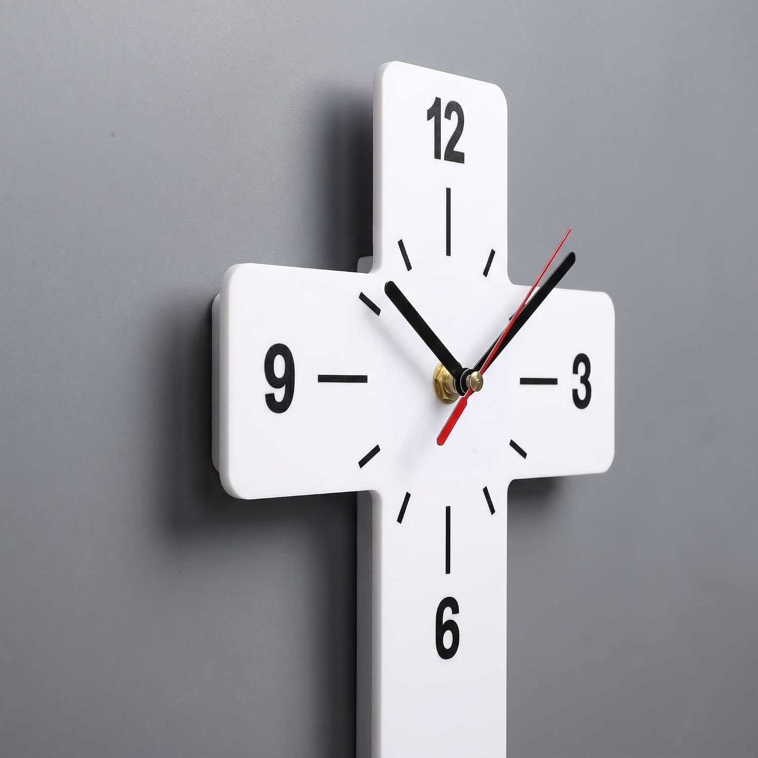 YARNOW Cross Shaped Wall Clock: Silent Sweep Non-Ticking Clock - 12 X 7 Inch White Acrylic Christian Timepiece for Nursery Home Bedroom Church Decor