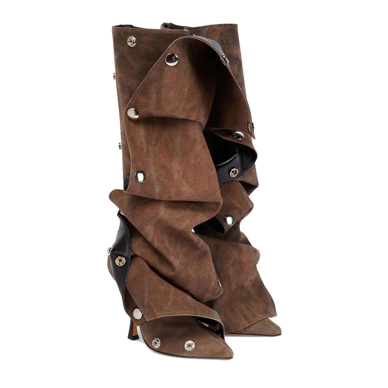 THESHY Women's Denim Knee High Boots Buttons Fashion Thigh High Boots Pointed Toe Stiletto High Heel Pleated Fold Over Party Dress Jean Boots for Women 10.5 Brown