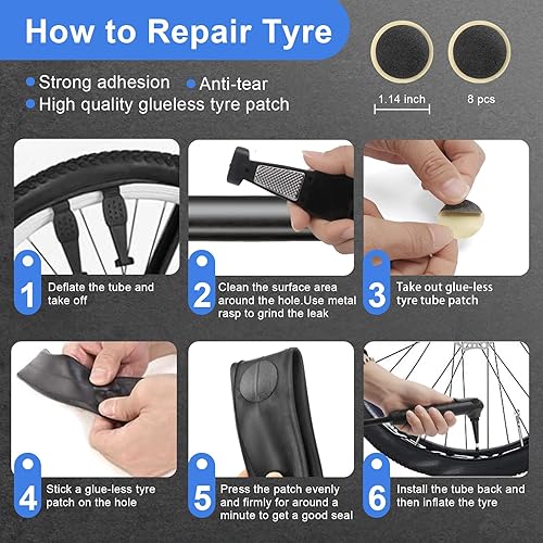 Miniatura 6 de Kit de reparación de bicicleta con mini bomba de 120 PSI, multiherramienta 16 en 1, herramienta de cadena, palancas de neumáticos y parches sin