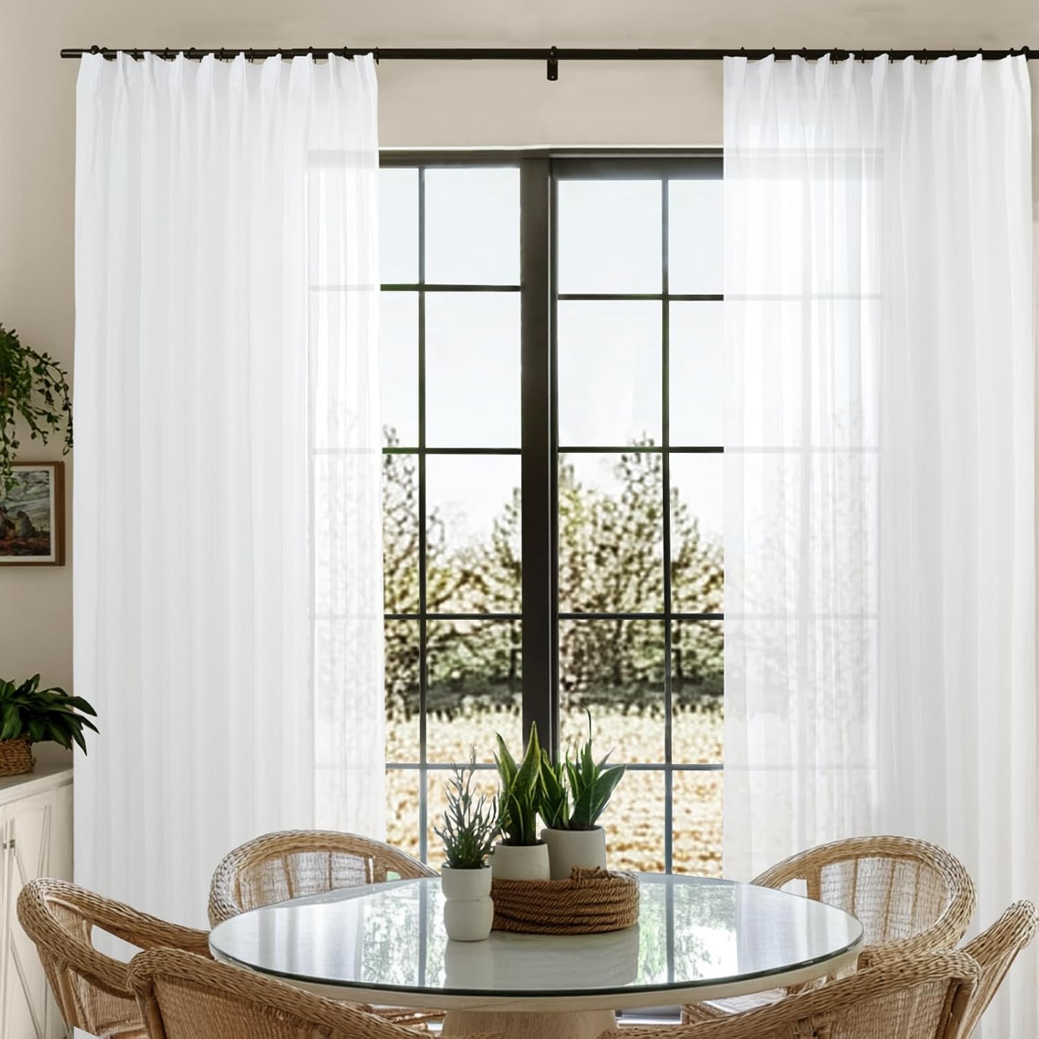 TWOPAGES White Sheer Curtains 108 inches Length 2 Panels Linen Textured Light Filtering Window Treatments for Kitchen Bedroom Living Room Voile Privacy Pinch Pleated Drapes, White, 52Wx108L