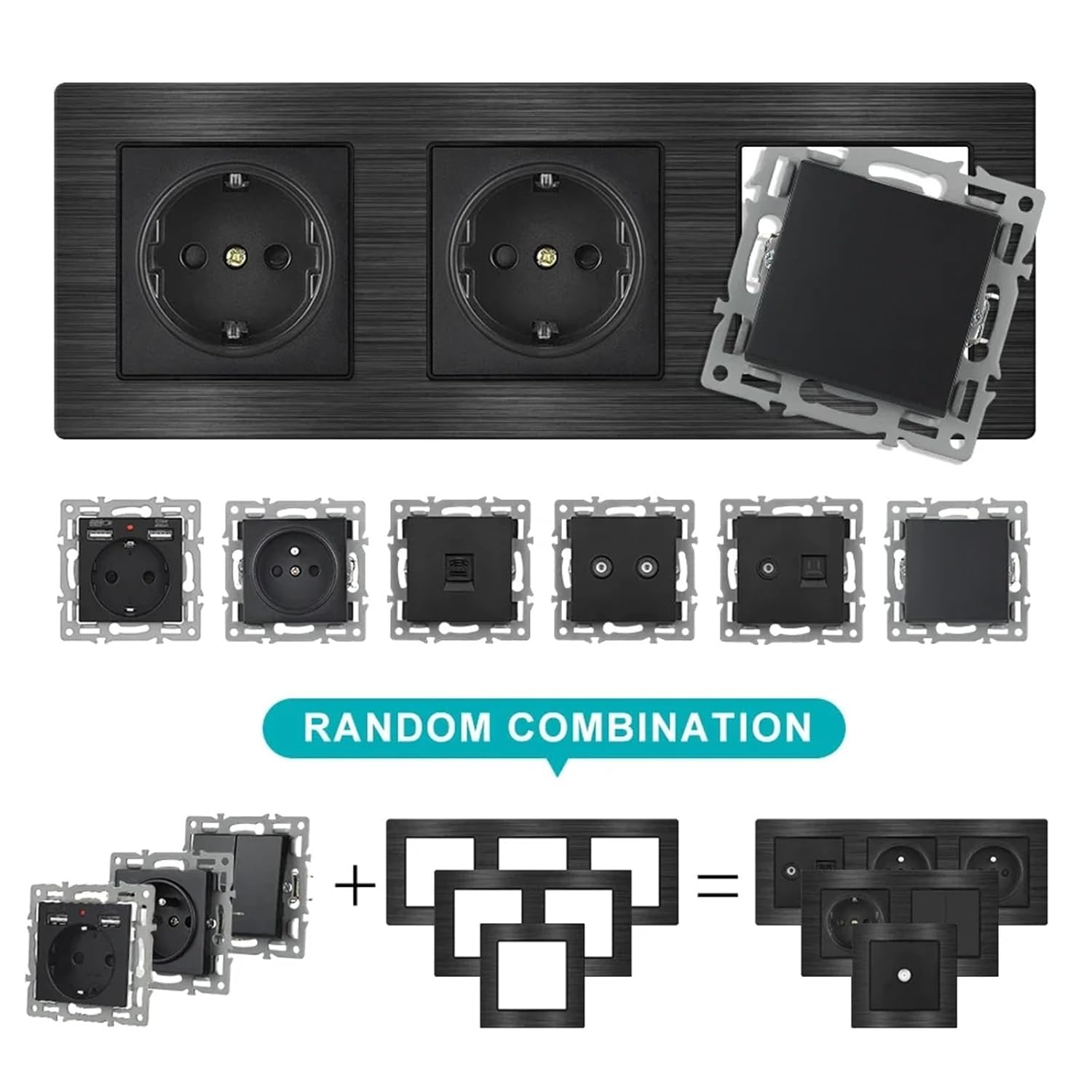 SRAN F9 Series Gray Aluminum Alloy Panel Light Switch EU French Electrical outlets USB Wall Plug TV rj45 Socket Module DIY(4 Frames)