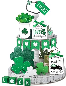 Spiareal 15 Pcs St. Patricks Day Tiered Tray Decor Shamrock Green Truck Wooden Signs Farmhouse Irish Table Centerpiece for Home Kitchen Bar Party Tabletop Shelf Decor