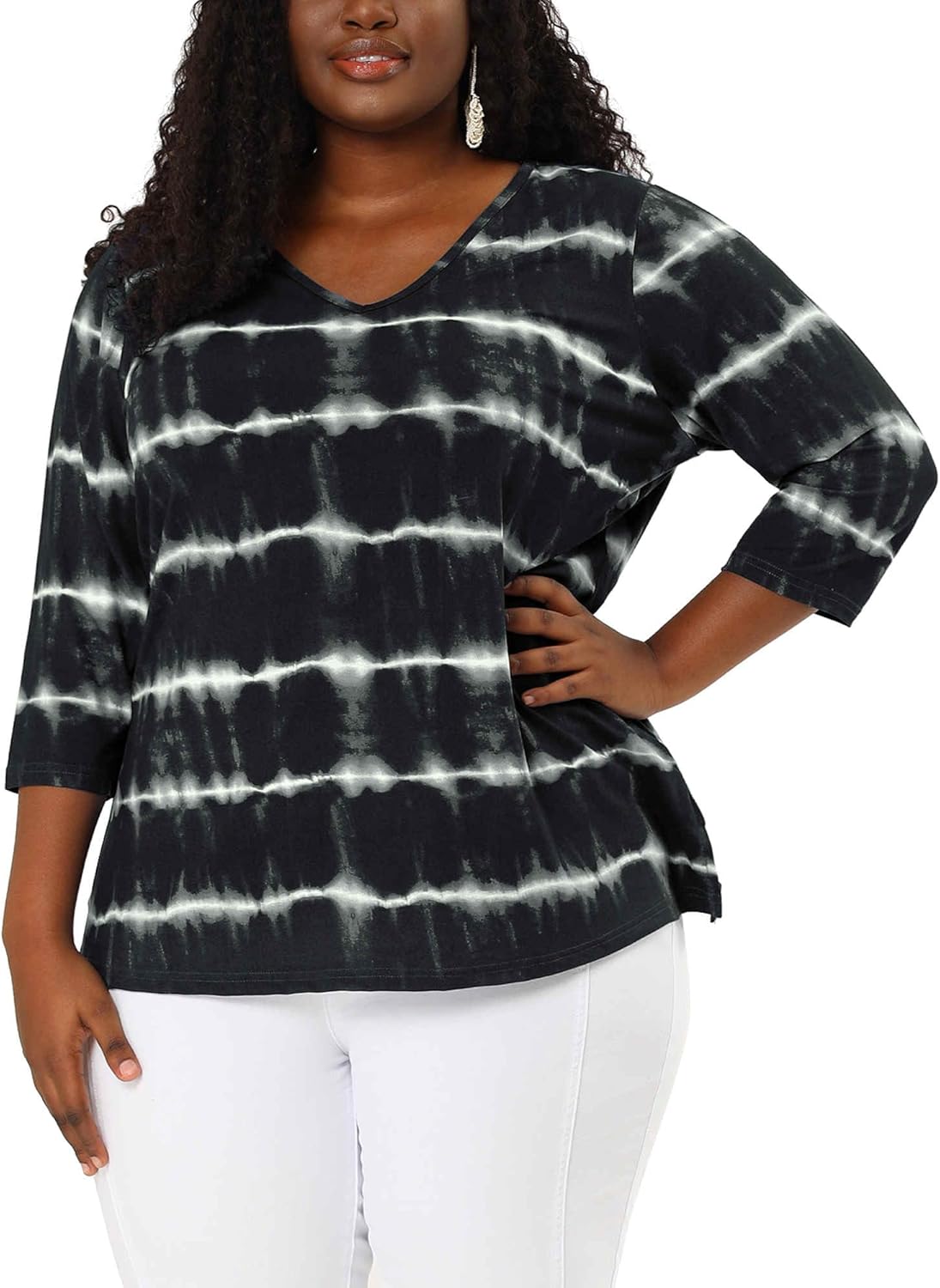 Agnes Orinda Plus Size t Shirt for Women V Neck 3/4 Sleeve Loose Casual Blouse Striped Tie Dye Print Tops