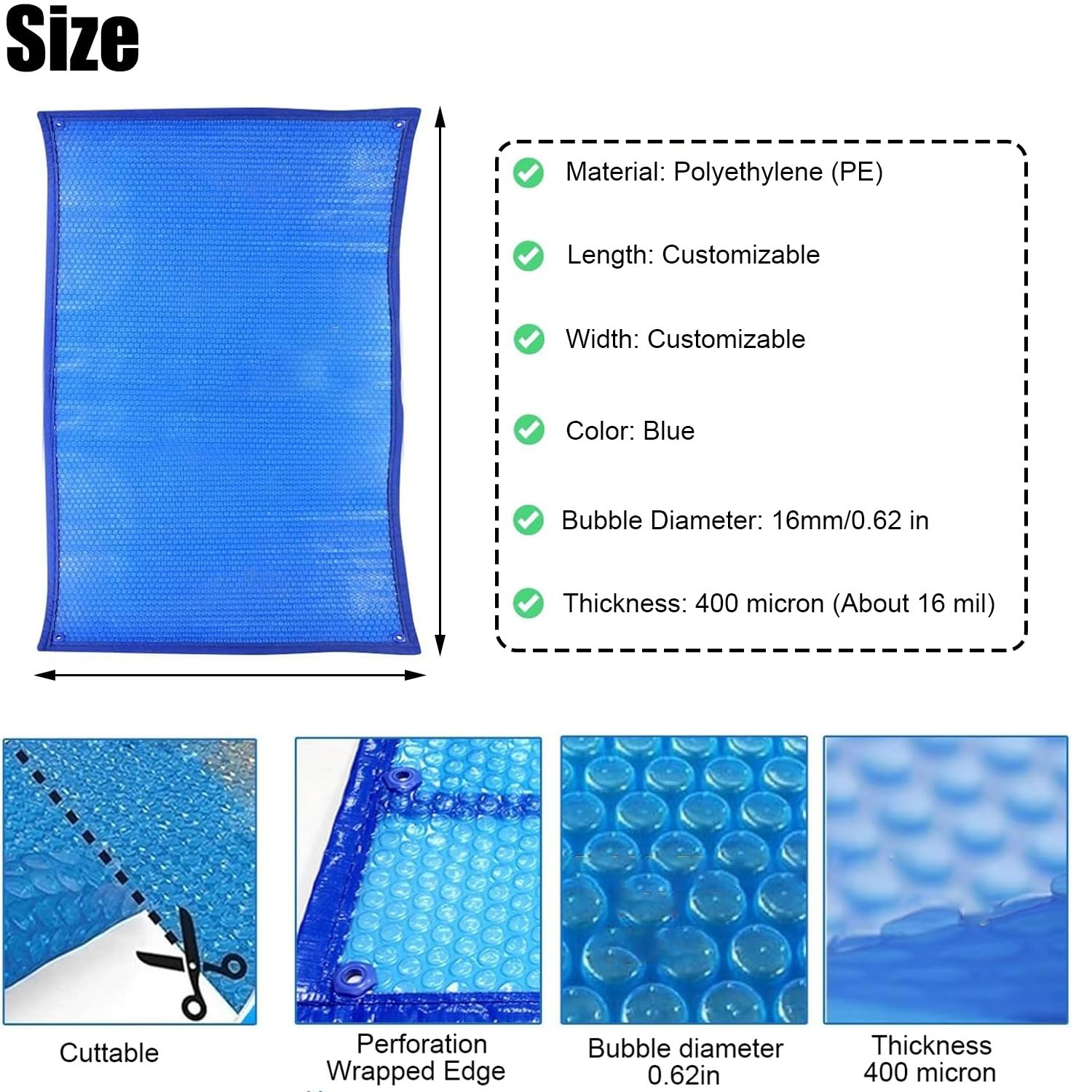 Cobertor Solar para Piscina, Manta Solar de Burbujas para Piscinas enterradas y elevadas, Manta térmica de Burbujas