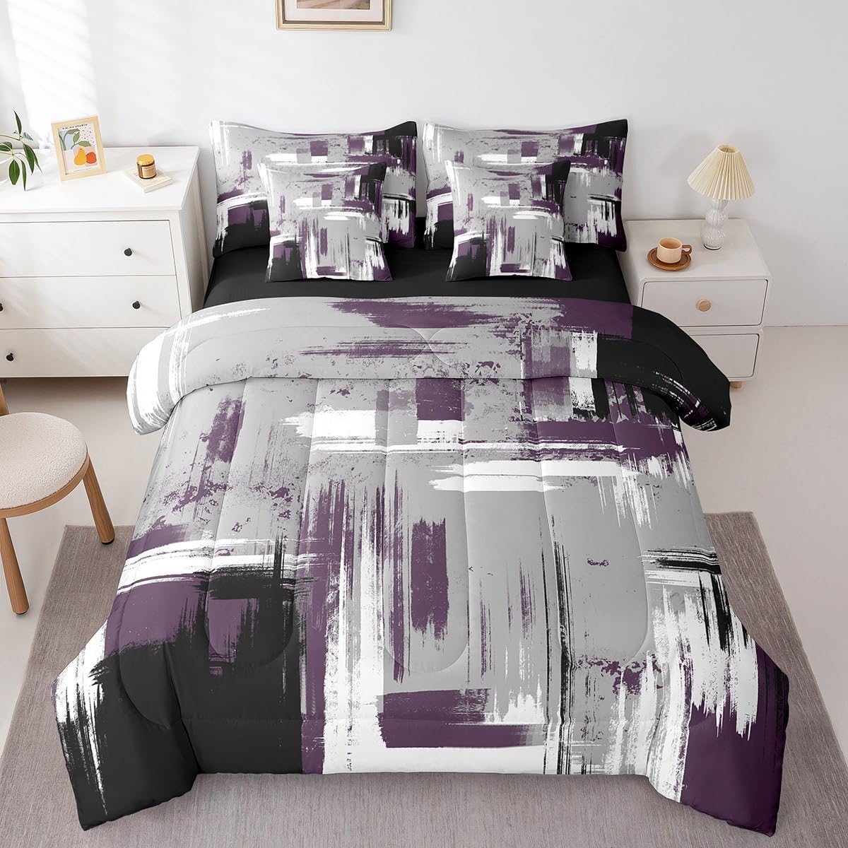 Feelyou Abstract 7 Piece Bedding Set Modern Abstract Art Bed in a Bag Purple Grey Black Comforter Lightweight Retro Bed Set Includes Comforter, Sheet Set, Pillowcases & Pillow Covers Full Size