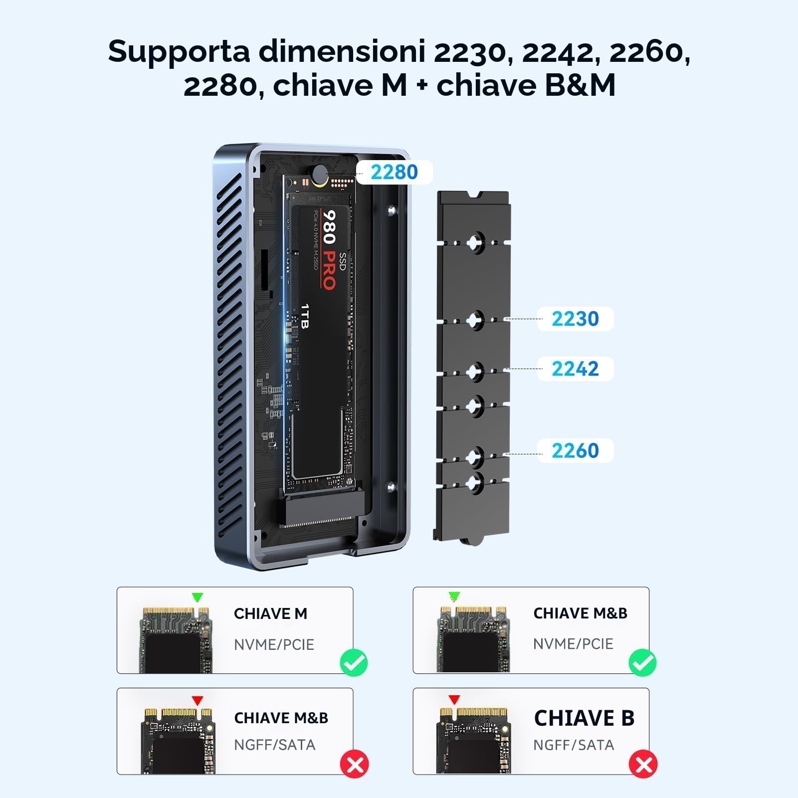 ACASIS Alloggiamento SSD M.2 NVMe da 40 Gbps, NVMe compatibile con USB 4/3,2/3,1/3,0/2,0, 2230 2242 2260 2280 SSD, USB C Case compatibile con MacBook M1 M2 Pro/Max
