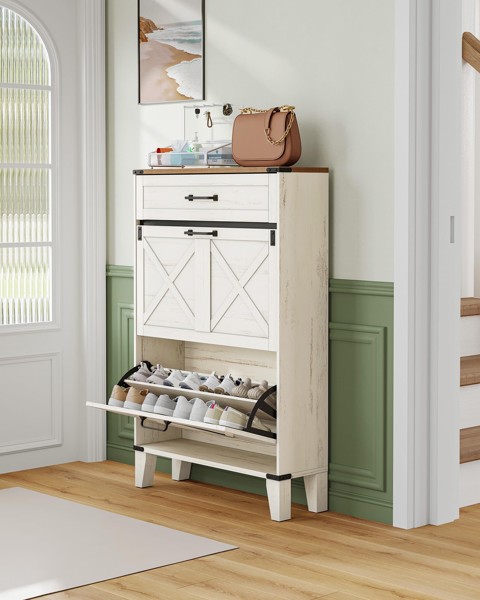 Hzuaneri Schuhschrank mit 2 Klappen, Schuhregal Schuhkipper Schmal, 1 Große Schublade, Verstellbar, 16 Paar, Schuhaufbewahrung für Eingang, Flur, Garderobe, 24 x 76 x 117 cm, Braun und Weiß SR59014X