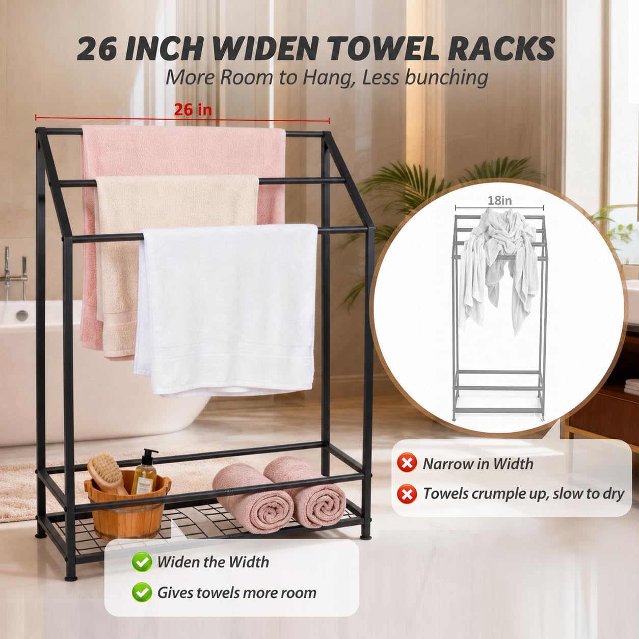 Hjarta Free Standing Towel Rack, 26 Inch Wide 3-Bar Stand with Shelf