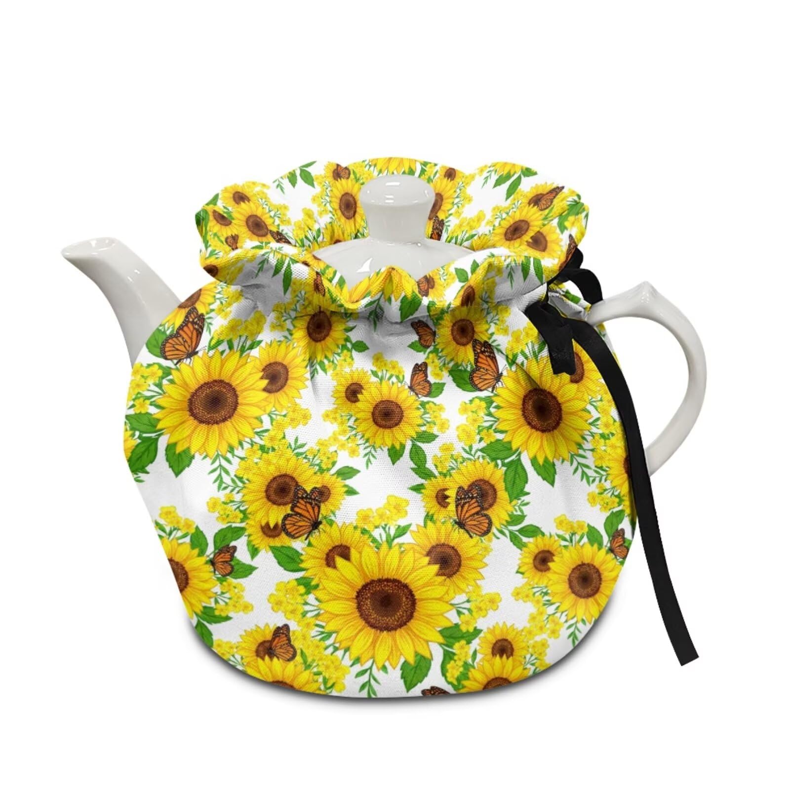Tea Cosy Butterfly Sunflower Print Teapot Dust Cover Tea Cozies Kitchen Home Decorative Insulated Tea Pots Cozy Kettle Warmer Cover with Drawstring