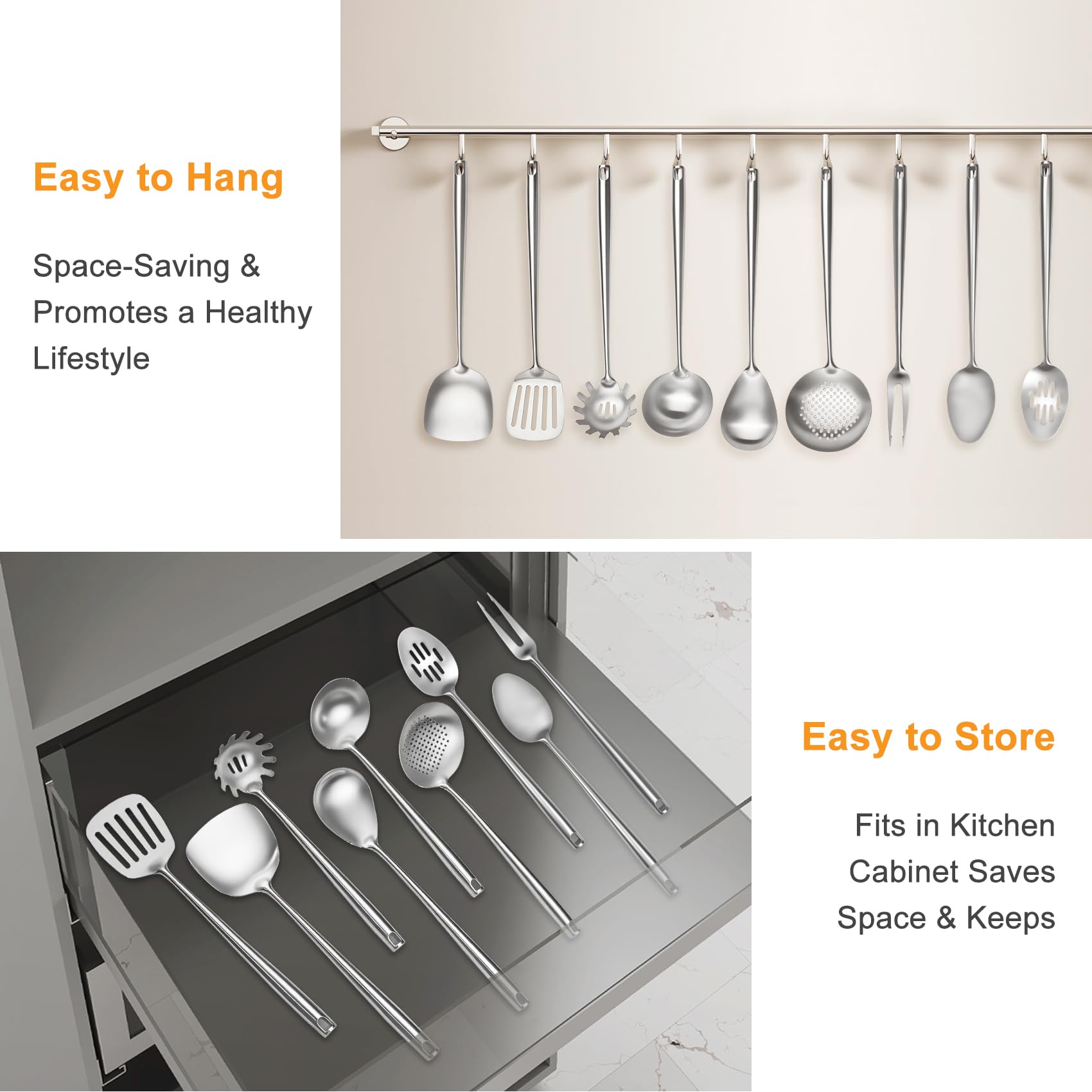 Küchenutensilien-Set aus 18/10 Edelstahl, 9-teilig, professionelles Kochutensilien-Set aus Metall mit Wok-Spatel, Suppenkelle, Schaumlöffel, Pfannenwender, Spaghetti-Löffel, großem Löffel