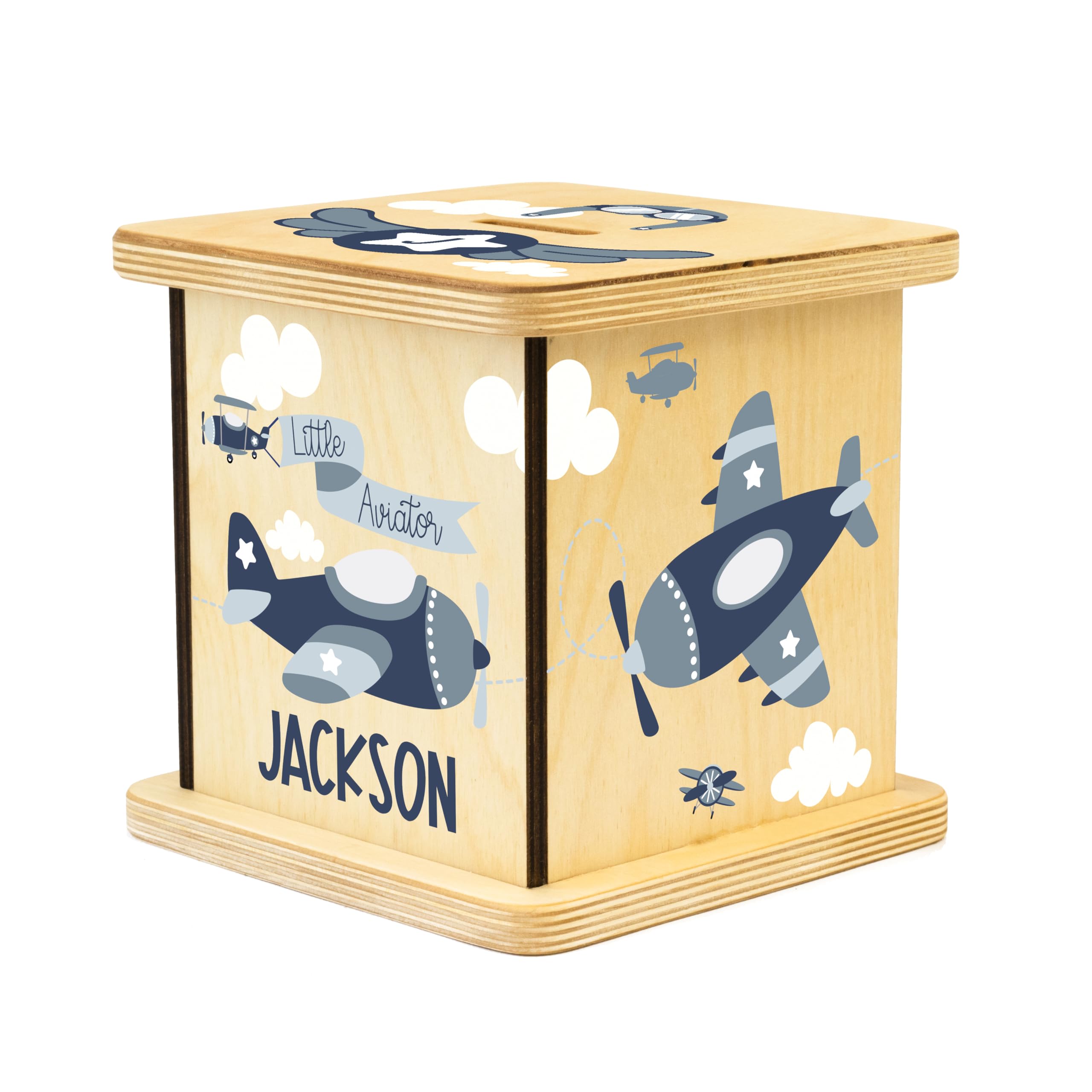 Wooden Piggy Bank for Kids and Adults, Personalized Gift Handmade in USA by BloomOwl, Custom Piggy Bank, Personalized Banks for Kids, Gifts for Baby Boys and Girls (Airplane)