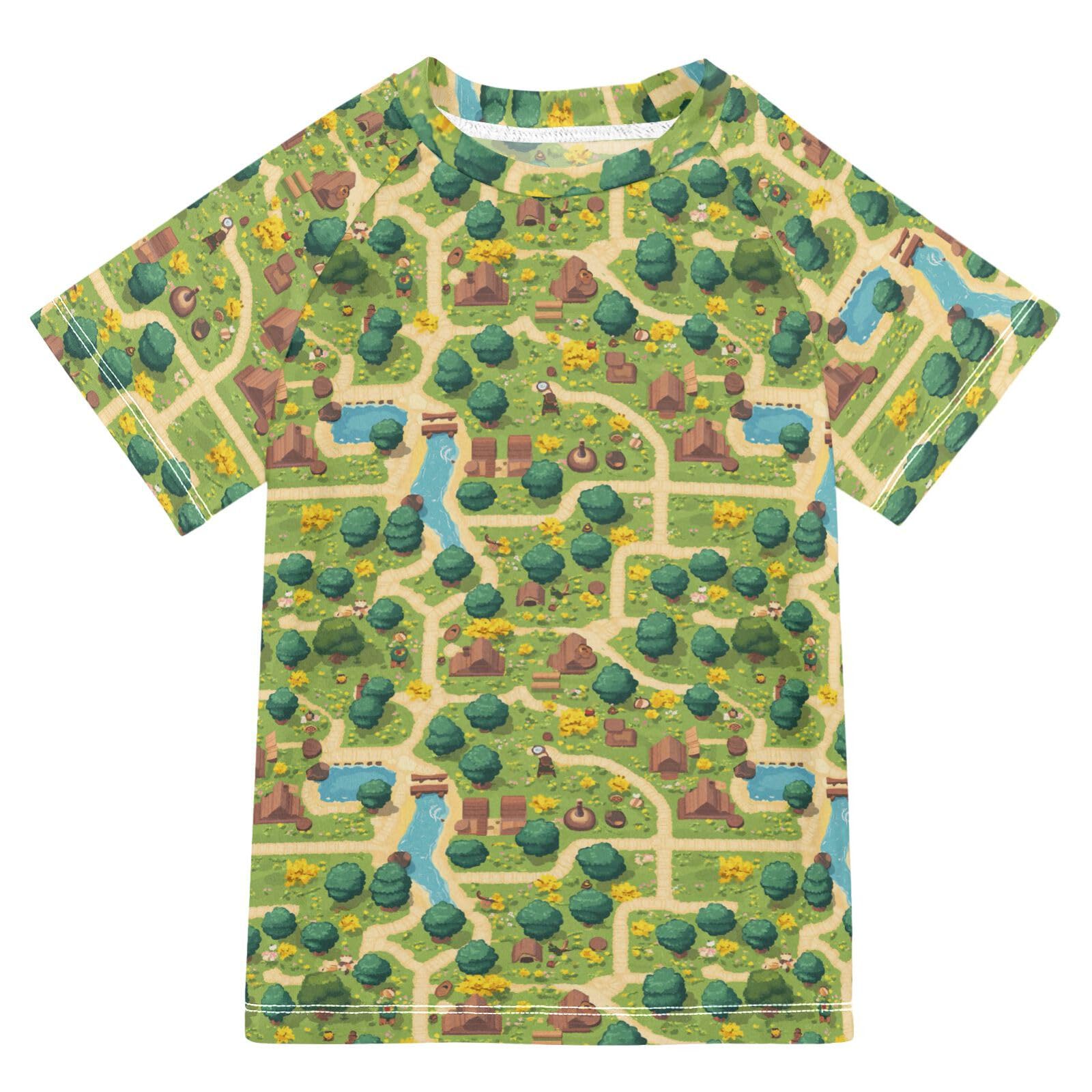 Kids Bathing Suit Short Sleeve Girl Rash Guard 4T Vintage Game Map