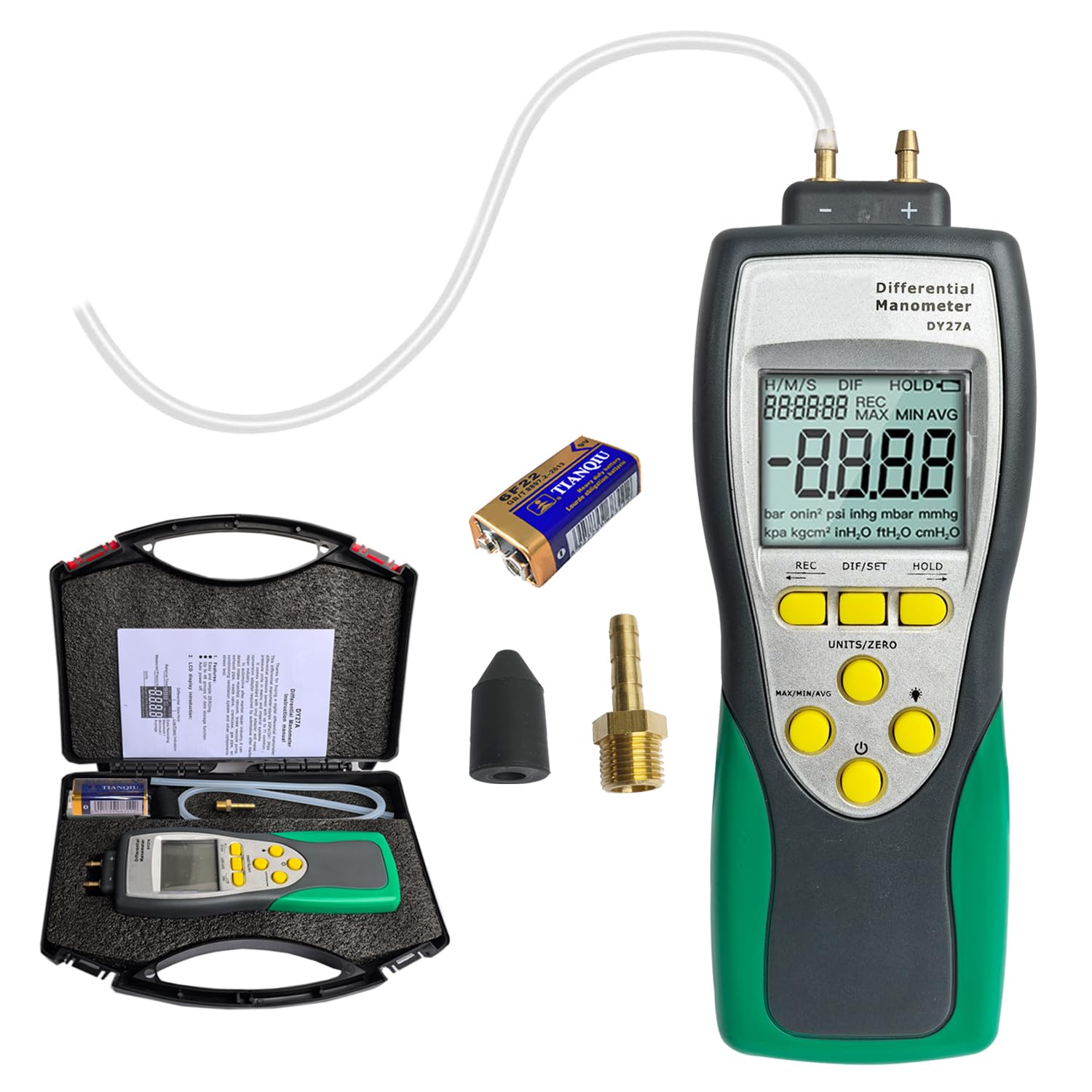 Professional-Grade Digital Manometer, ±241.3kPa/35PSI Gas Pressure Tester with Backlit LCD, 11 Units Conversion MAX/MIN/AVG & Data Logging, HVAC/Automotive Diagnostic Tool (Includes Battery)