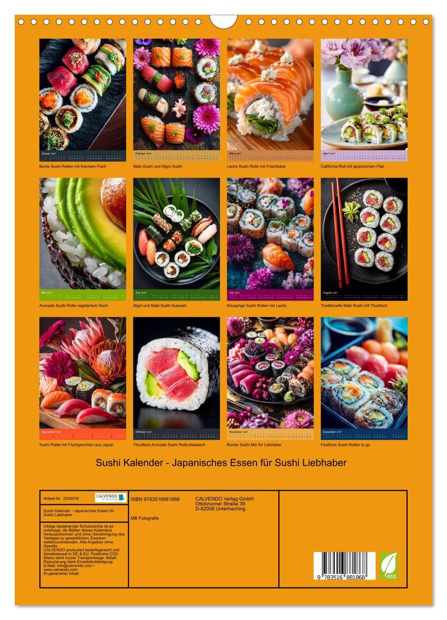 CALVENDO - Sushi Kalender - Japanisches Essen für Sushi Liebhaber (Wandkalender 2027 DIN A3 hoch), Monatskalender: Food Kalender mit Sushi für echte Sushi Liebhaber: Japanisches Essen mit Maki-Sushi,