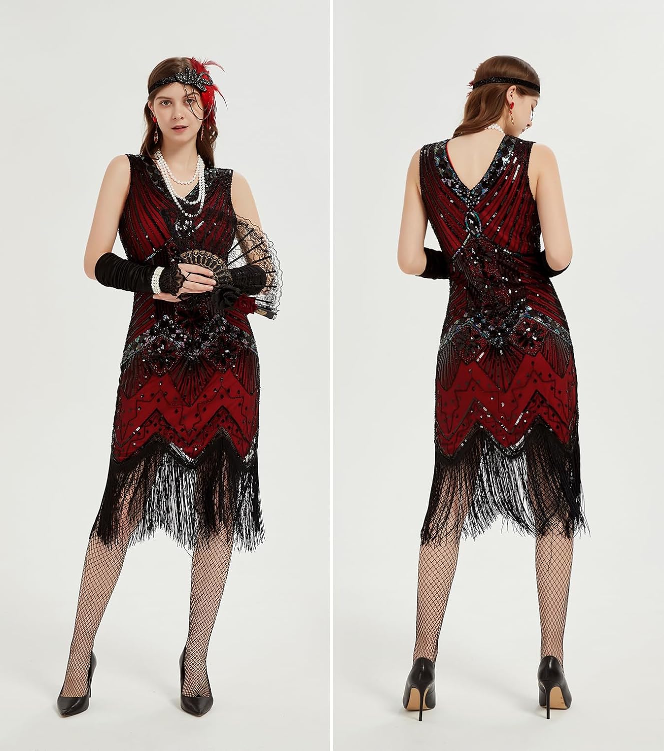 1920s Dresses for Women, Flapper Dress Lace Fan Feather Headband Sequins Beads Fringes 20s Accessories Vintage Mafia Costume - Image 5