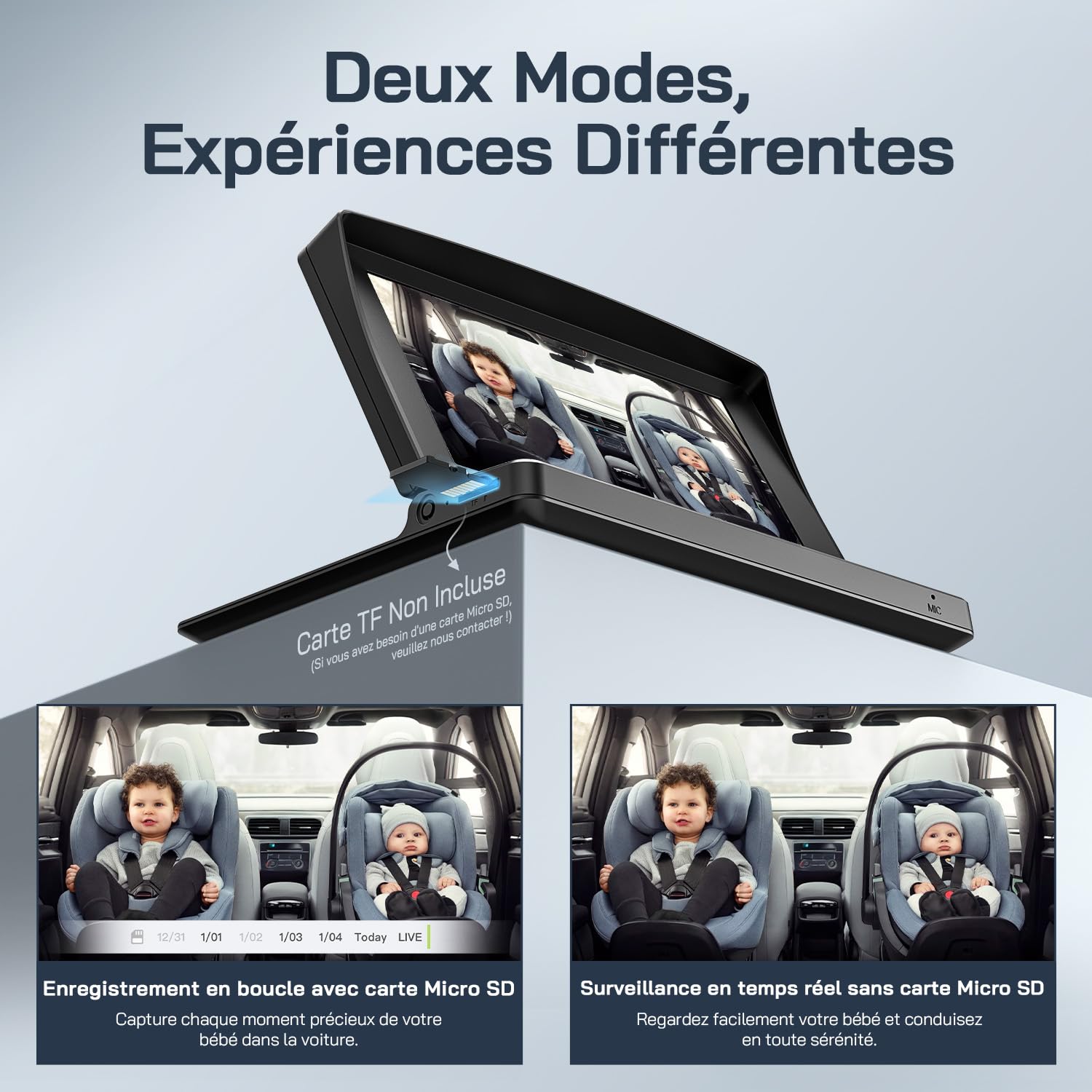 WOLFANG Miroir Voiture Bébé HD 1080P Retroviseur Voiture Bebe, USB-C Plug and Play Installation facile, moniteur pour bébé avec écran de 5 pouces et caméra de vision nocturne