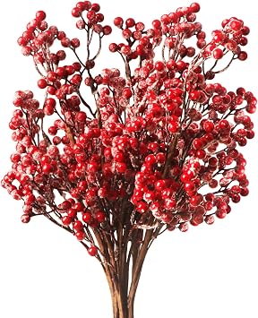 Fangoo Christmas Artificial Long Snow Red Berry Stems, 6 PCS, 19.7 Inch