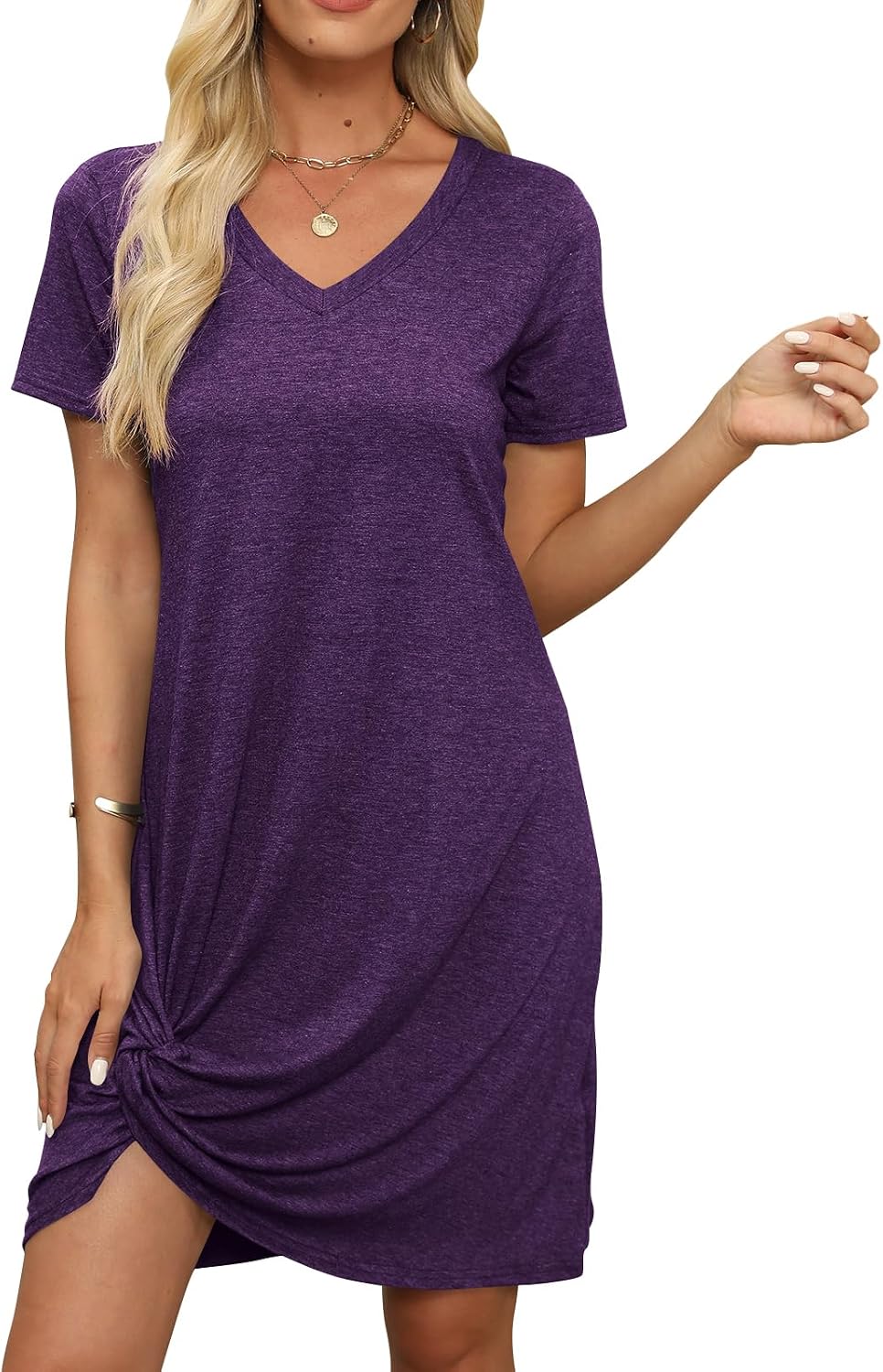 Miselon Women's Short Sleeve T-Shirt Dress - V-Neck With Front Knot, Casual Loose Fit Mini Dress For Summer (Rayon/Spandex) - View #11