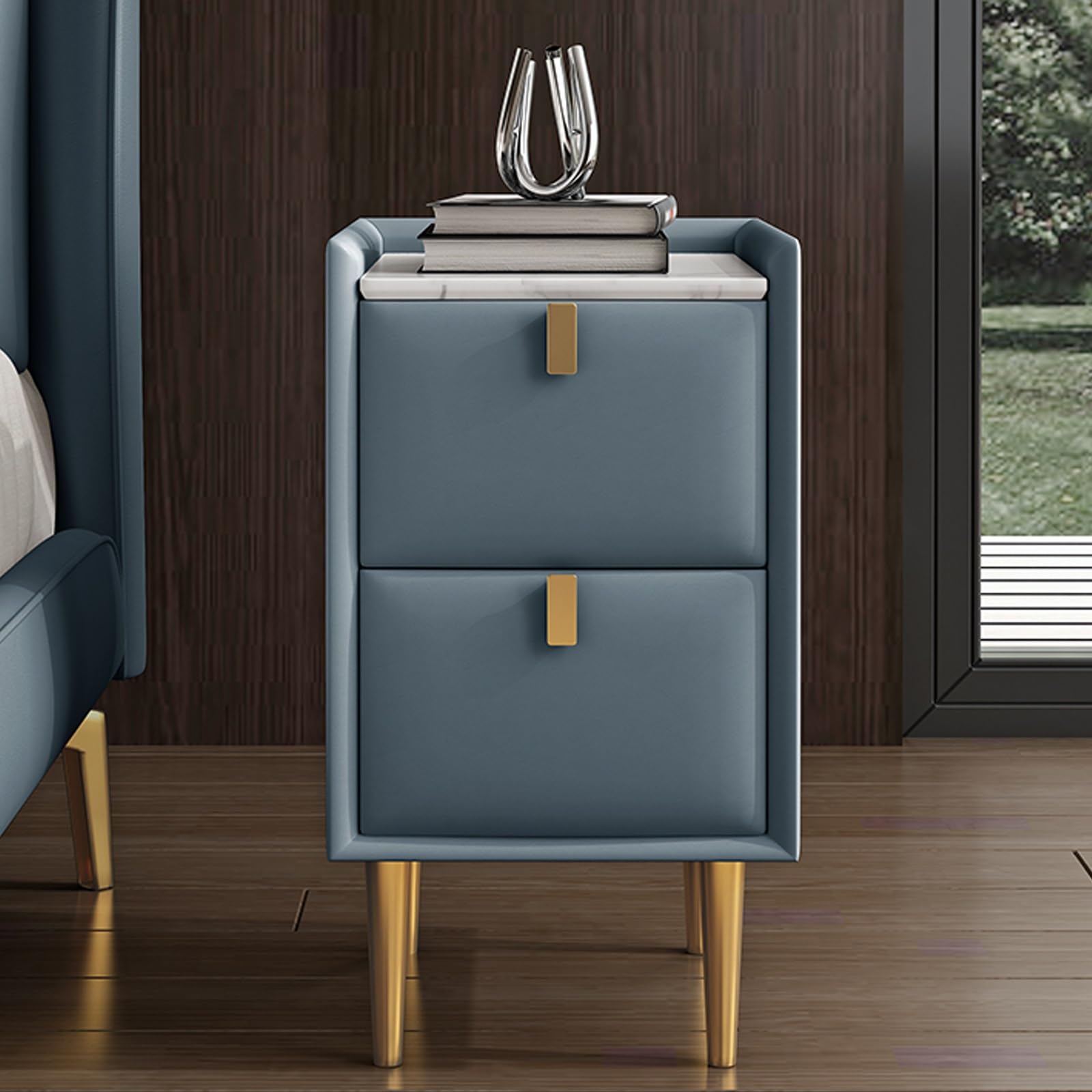 Narrow Bedside Table, Small Space with 2 Drawer, Solid Wood Side Table for Bedroom, Living Room, Dorm(Blue,25cm/9.8in)