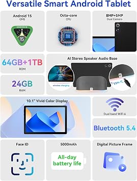 Jeazans 2026 Android Tablet US Version - Octa-Core 14GB RAM, 64GB+1TB Expansion | Includes Docking Station | 12 Month Protection