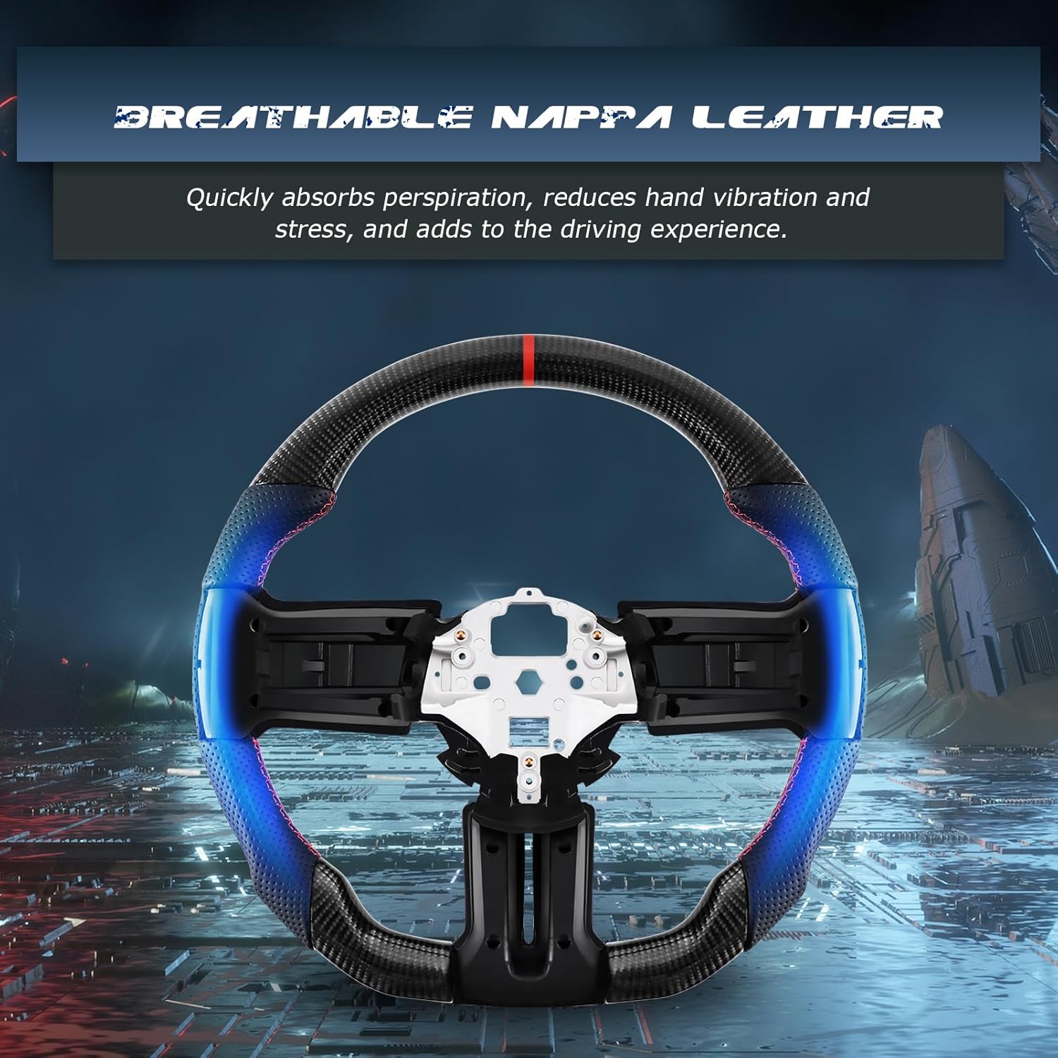 Real Carbon Fiber Steering Wheel For Mustang EcoBoost/GT/Shelby GT350/GT350R 2012-2014 D-shaped Nappa Perforated Leather Flat-bottom Steering Wheel