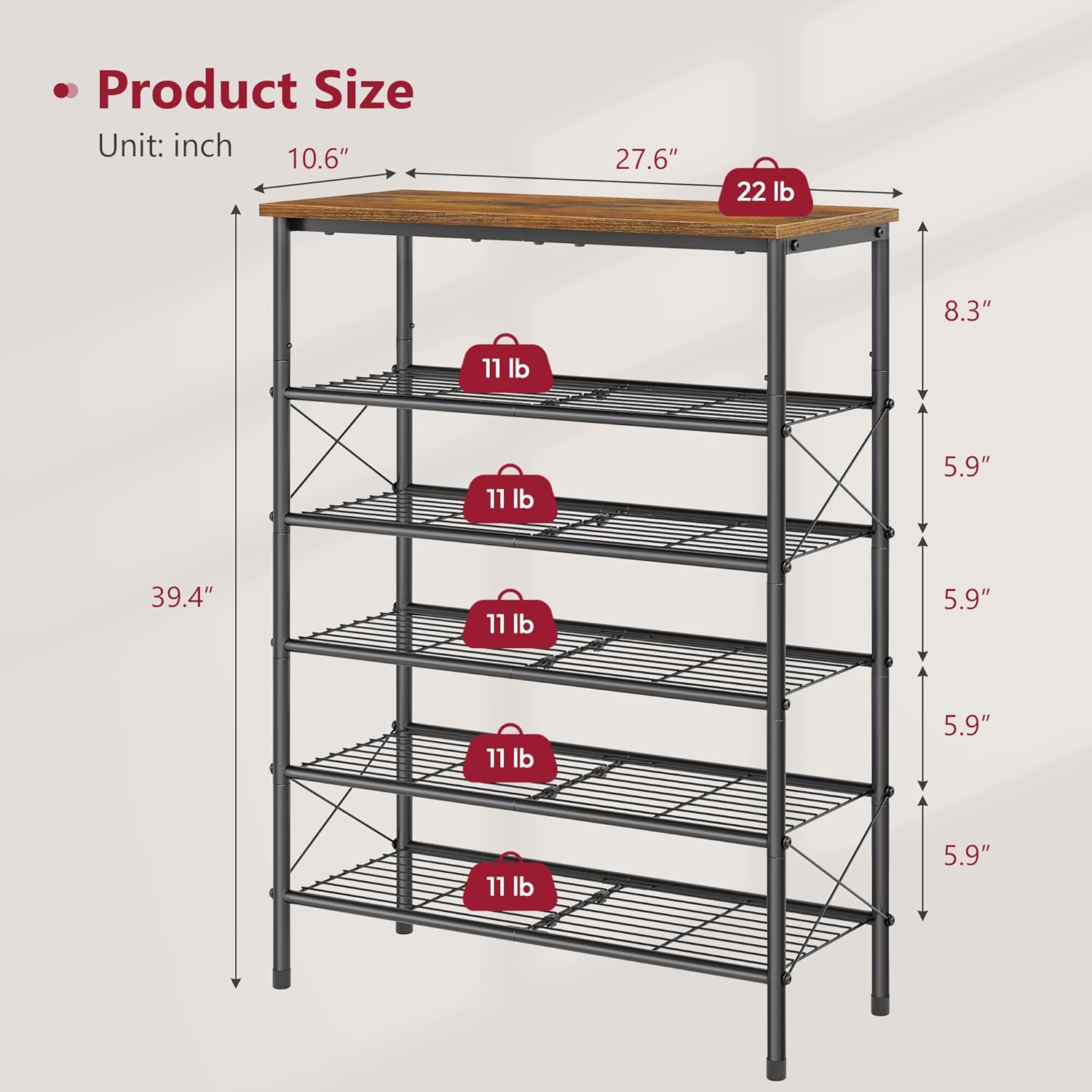 Tajsoon 6 Tier Free Standing Shoe Rack for 20-24 Pairs, X Shape Fixed Frame Metal Mesh Shoe Rack for Closet, Rustic Brown & Black