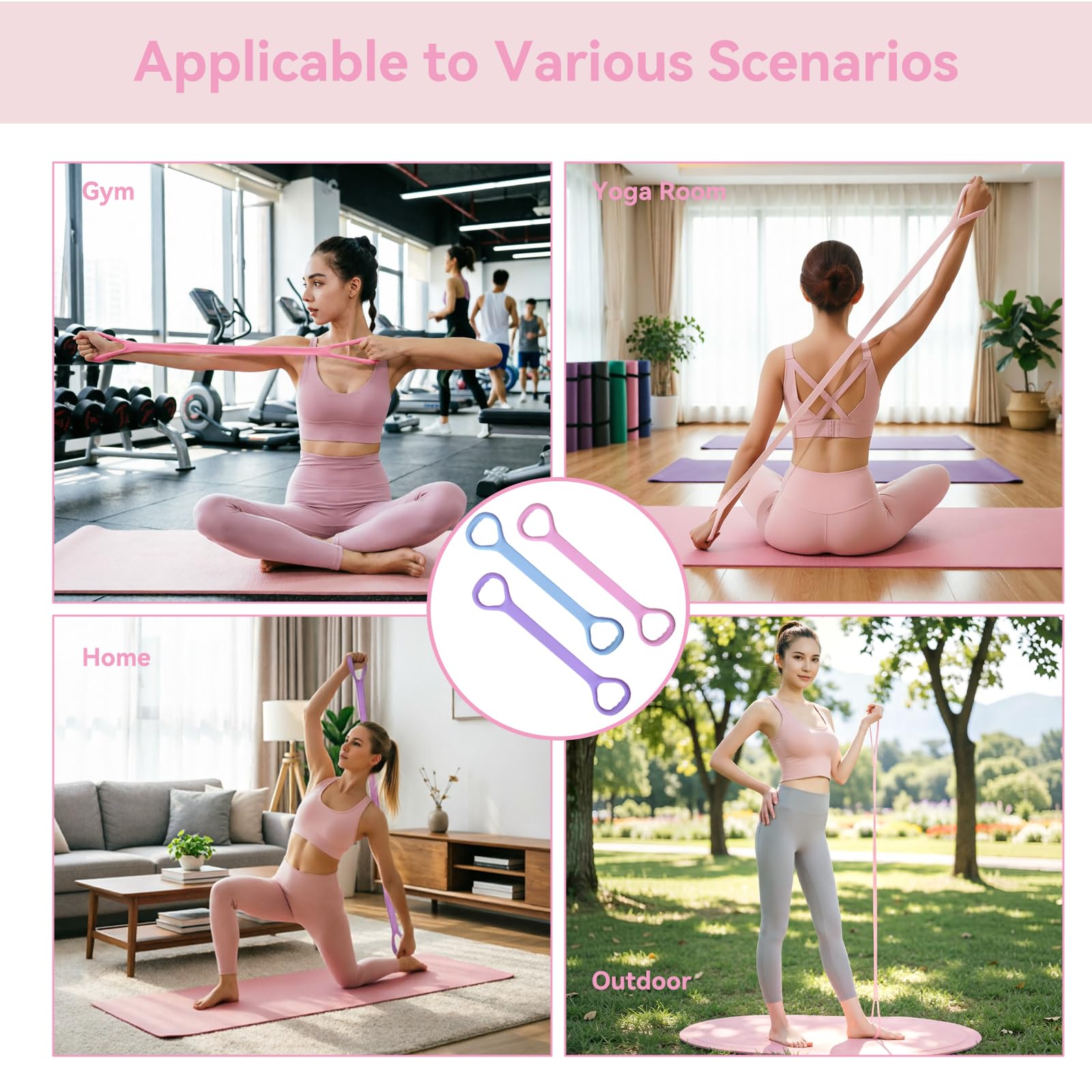 Figura 8 - Banda de resistencia con asas, bandas de entrenamiento de resistencia para brazos, hombros, espalda, piernas, estiramiento, banda de ejercicio para mujeres, banda elástica de fitness para