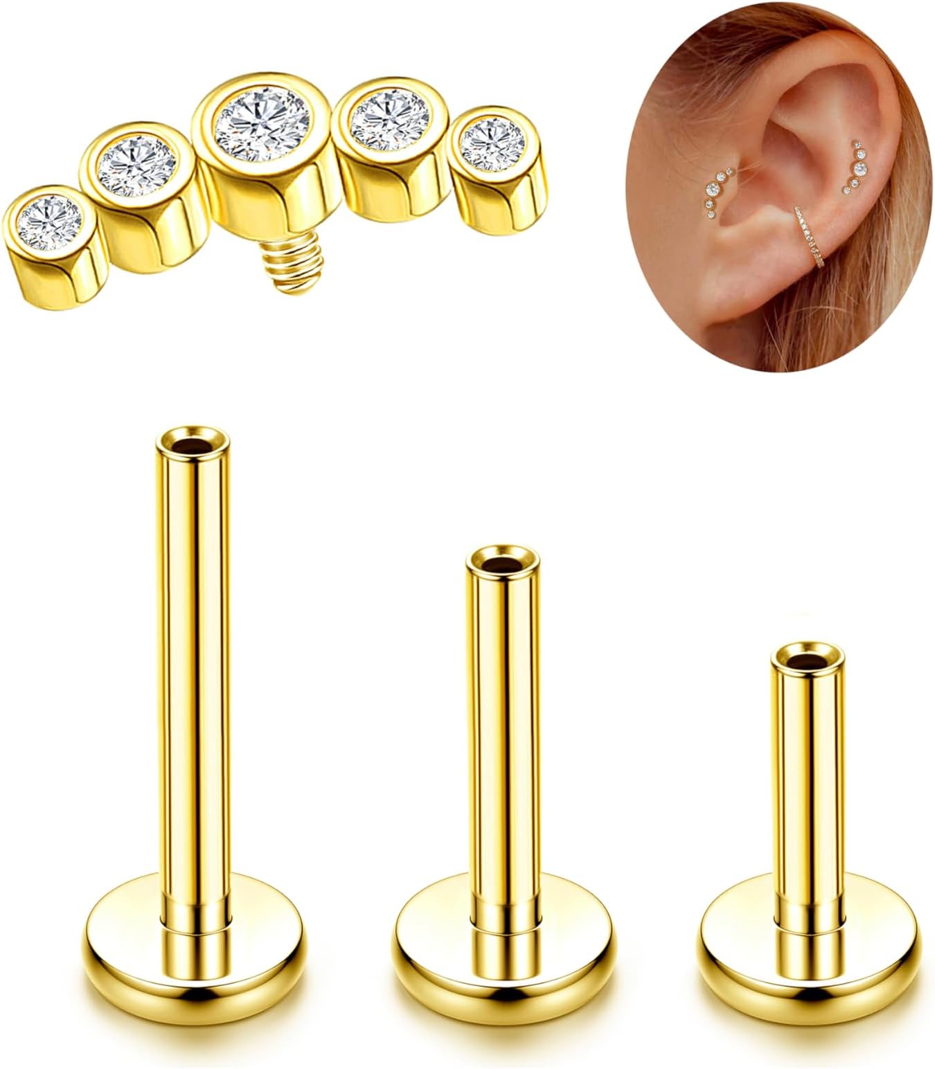 16G G23 Titanium Tragus Conch Helix Piercing Jewelry 6mm 8mm 10mm - Internally Threaded Flat Back Stud Cartilage Earrings Hypoallergenic Forward Earlobe Monroe Labret Tragus Piercing Jewelry