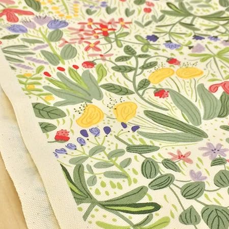 Amazon 花柄 生地 レッド 手描き風 プランツ ツイル 草花 ボタニカル 綿 布 布地 手芸 1ｍ単位 布 生地 通販
