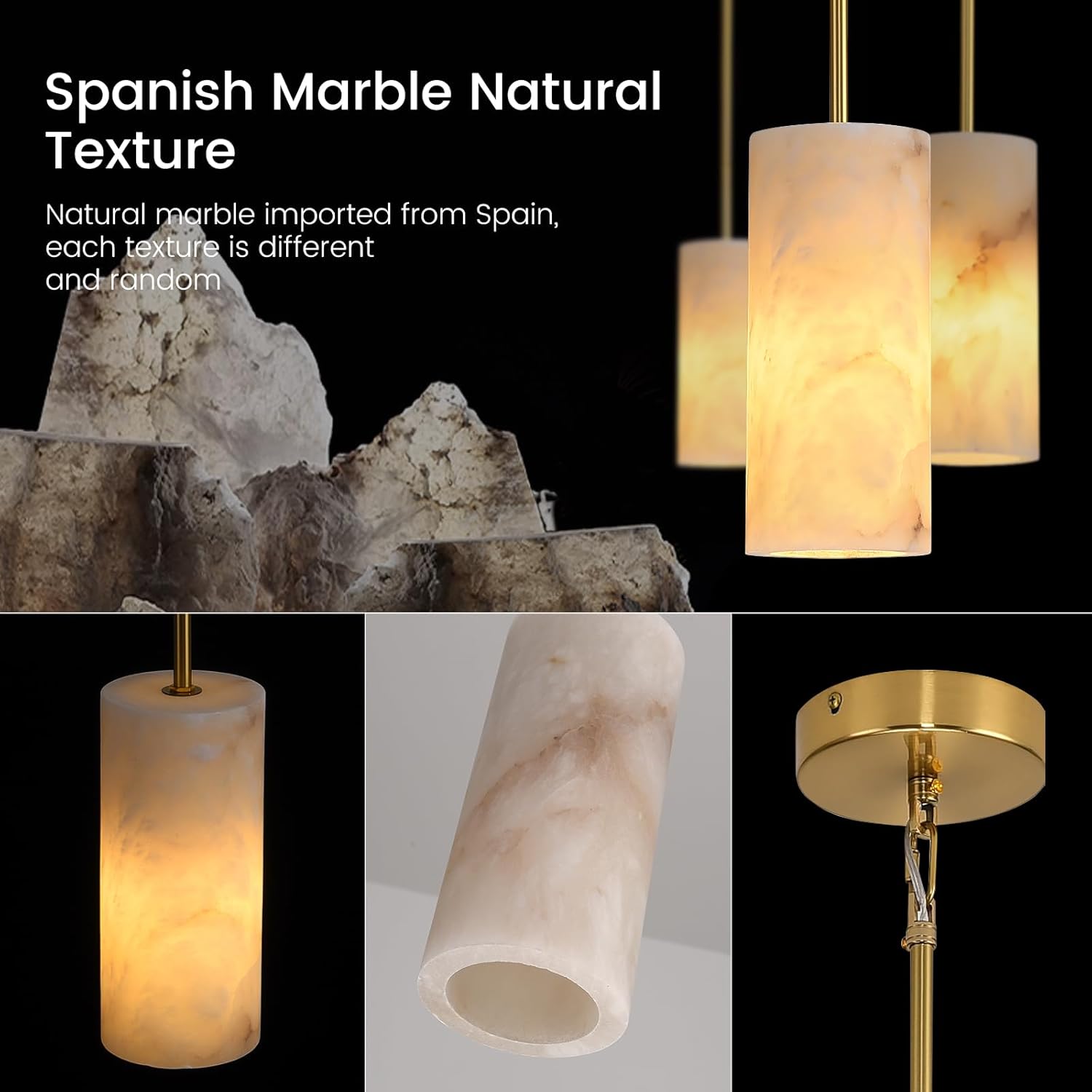 Alabaster Pendant Lights Kitchen Island, Brass Marble Pendant Lighting, Adjustable Gold Modern Pendant Lights Fixtures for Dinning Room Bedroom Bathroom Living Room(Include E12 Bulb)