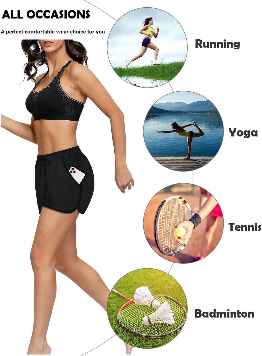 Women’s 2 in 1 Athletic Shorts Double Layer Elastic Waist Drawstring Pockets
