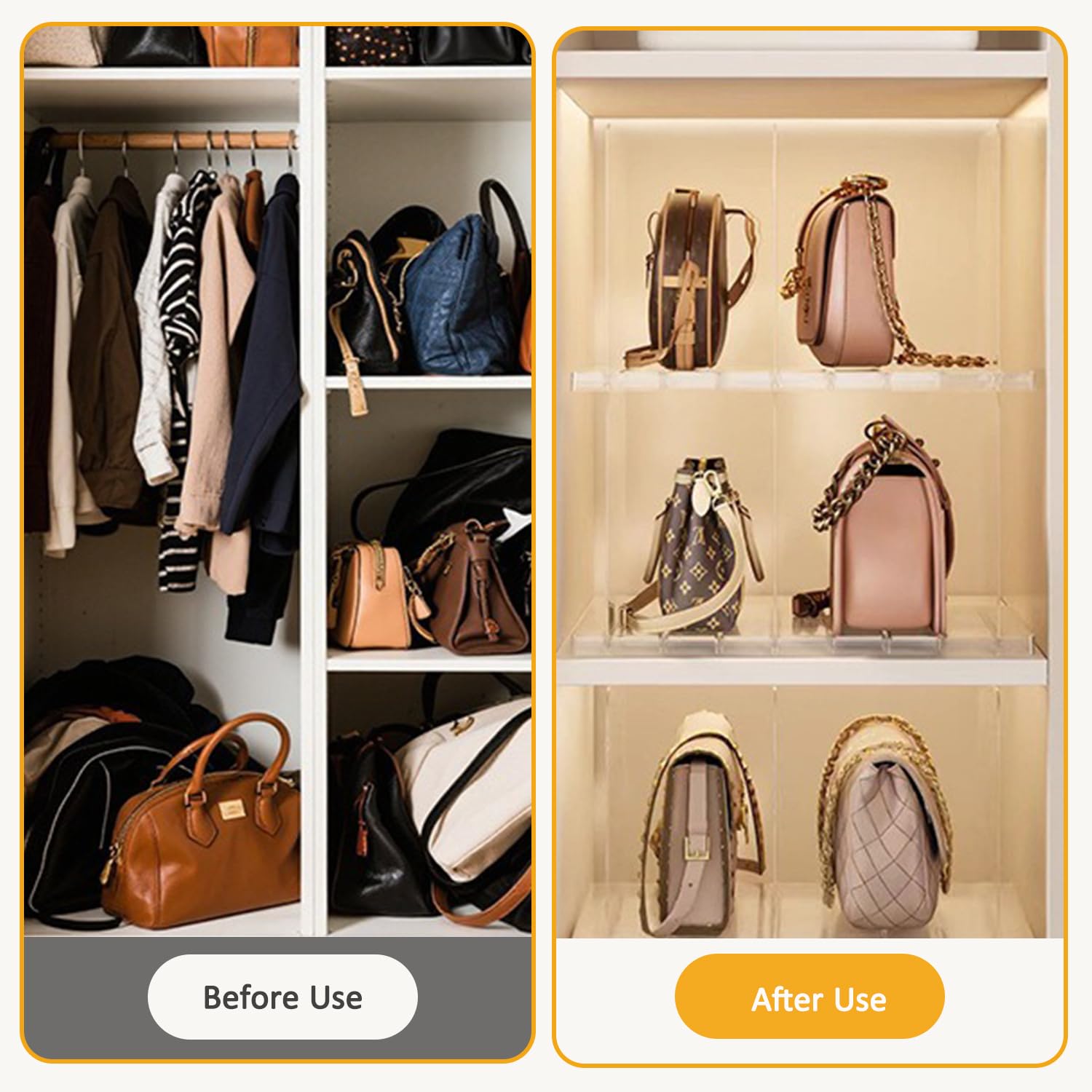 Set 10 Divisori per Borse, Divisori per Borse per Armadio in Plastica, Organizzatore Armadio Regolabile con Base a Fessure e Divisori per Armadio Interno per Borse,Vestiti,Scarpe,Con Base