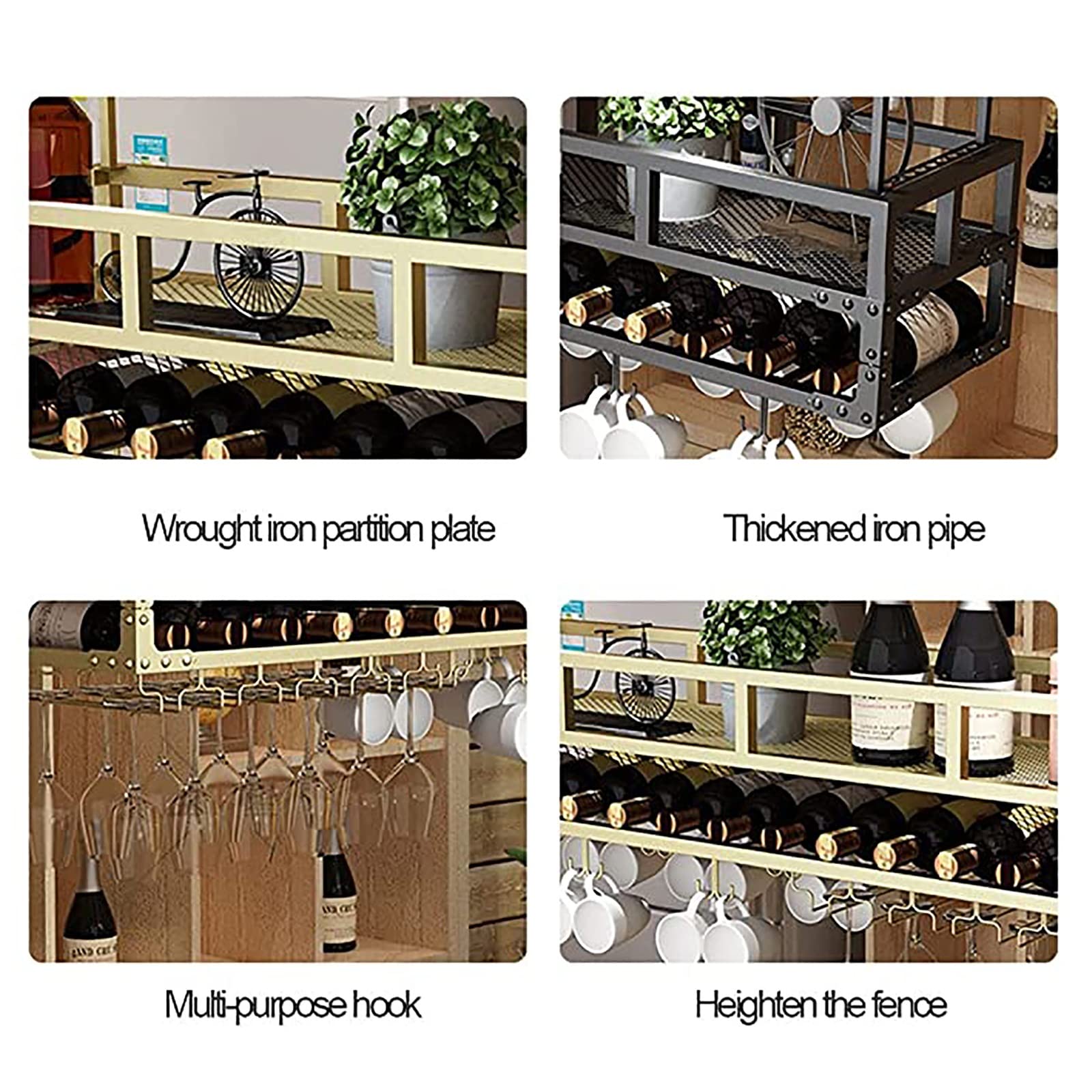 Vintage metalowy sufitowy stojak na wino, z regulacją wysokości, uchwyt na kielichy, złoty uchwyt na butelkę wina, do restauracji/barów/domu (rozmiar: 100 cm)