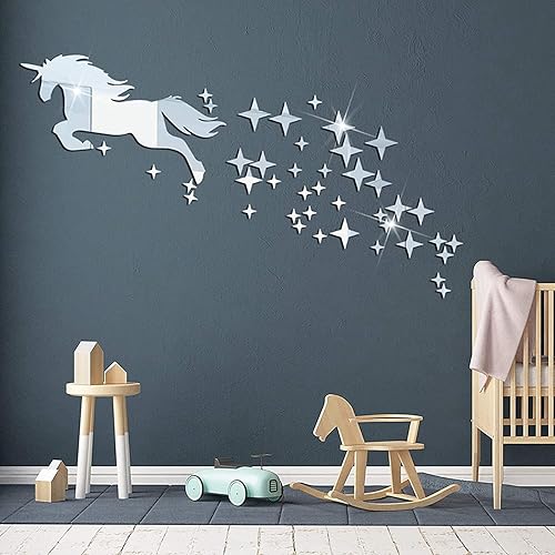 Miniatura 2 de Calcomanías de pared de espejo de unicornio, calcomanías de pared de espejo acrílico extraíbles, calcomanías autoadhesivas de estrellas, murales de