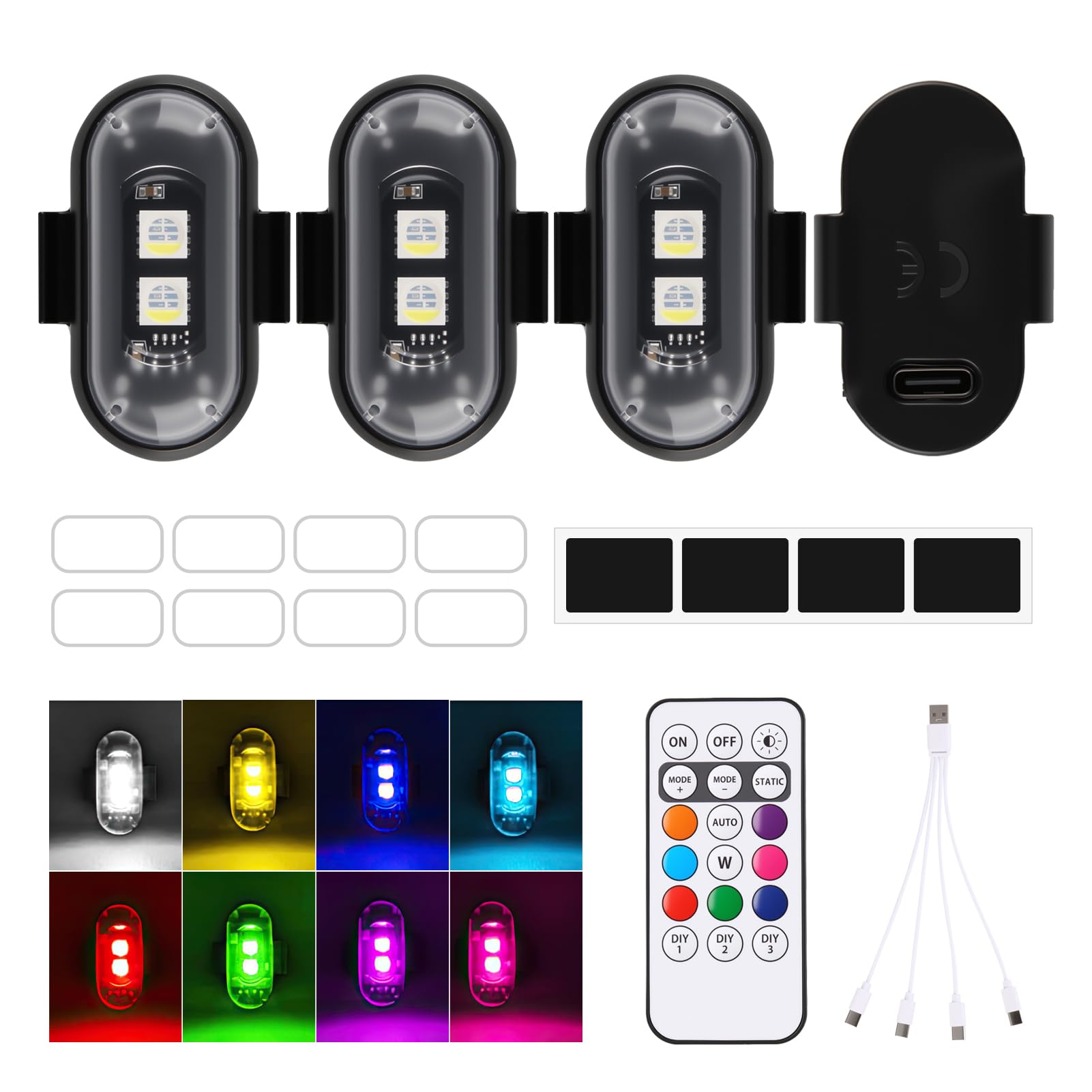 4 Piezas Luces Estroboscópicas Para Drone 8 Colores Estroboscópico Coche Impermeable LED Estroboscópico Drone Luz Inalámbrica Con Control Remoto Anticolisión Para Coche Motocicletas Bicicleta Camión