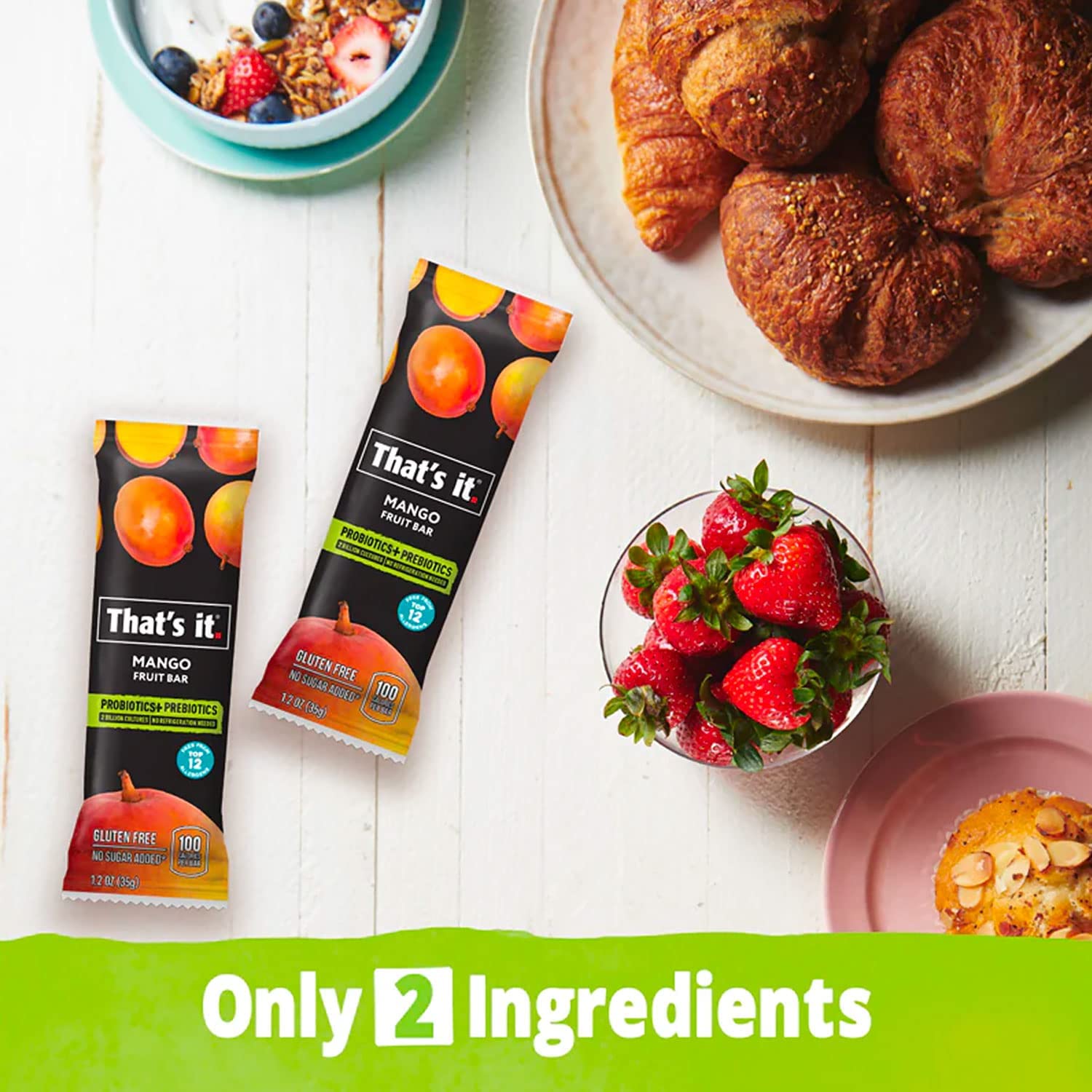 That's it. Probiotic Fruit Bar Variety Pack, Mango & Blueberry Flavors, Just Real Fruit + Probiotics, 100 Calories Per Bar, All Natural, 2-3 Ingredients, Shelf Stable, Allergy-Friendly (12 Count): Mango