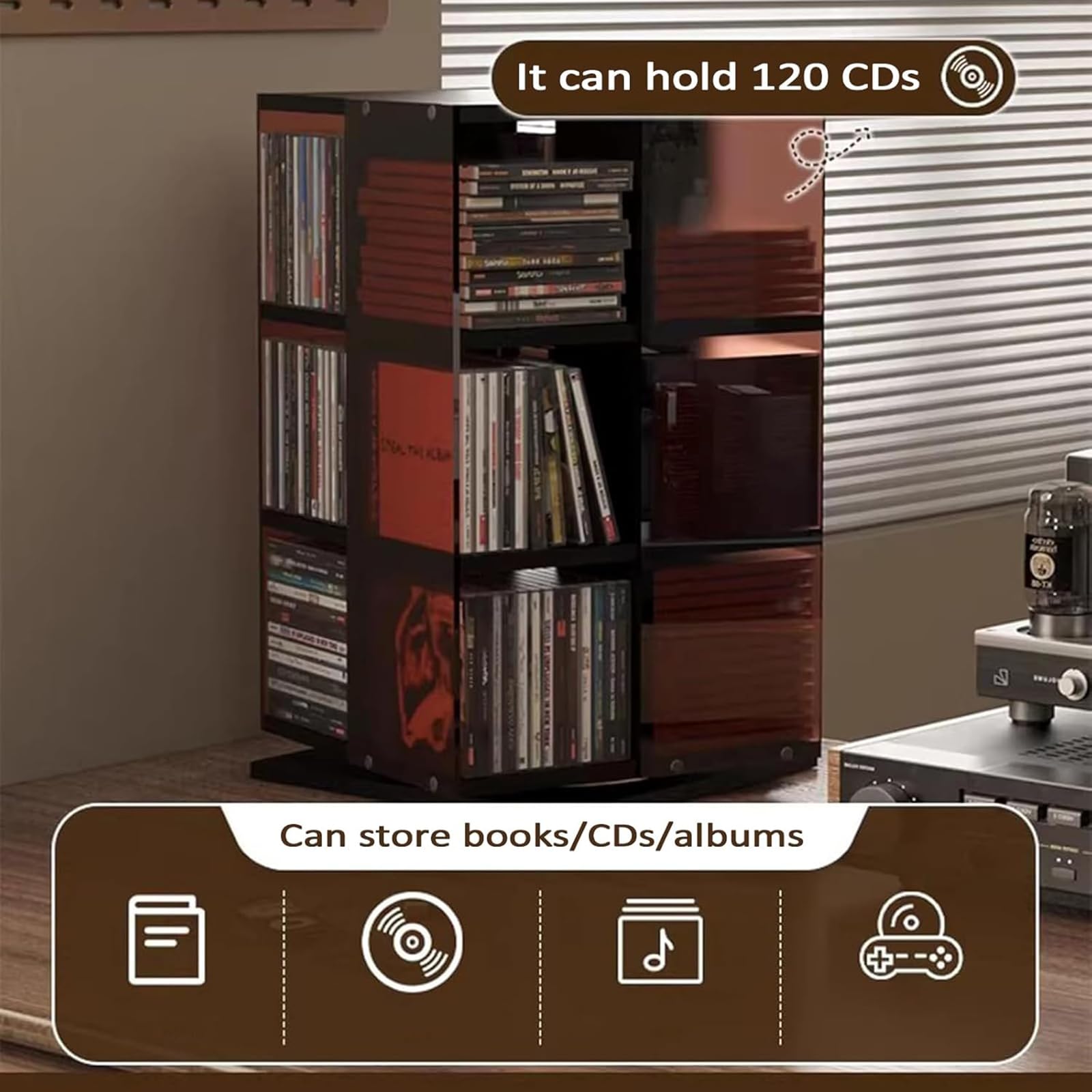 Porta Dischi in Vinile Girevole, Torre Porta CD Girevole A 360°, Display Aperto su 4 Lati, capacità 120 CD, Organizer Salvaspazio per Libri, Riviste E Dvd. A