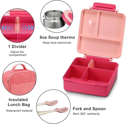 Miniatura 7 de Lonchera Bento para niños con bolsa térmica de sopa y almuerzo de 8 onzas, recipientes de comida a prueba de fugas con 4 compartimentos, tarro de