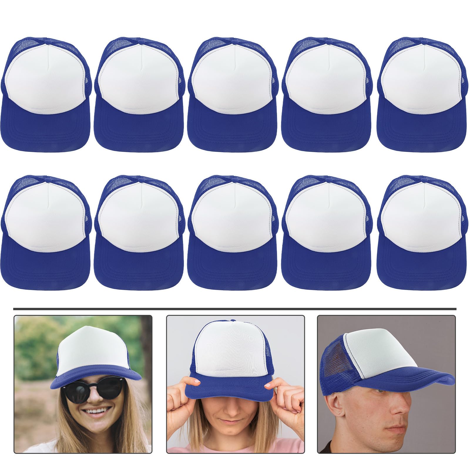10 Cappelli Baseball Vuoti per Sublimazione in Poliester Spugna Blu, Berretti Traspiranti DIY per Trasferimento Termico, per Pesca e Campeggio