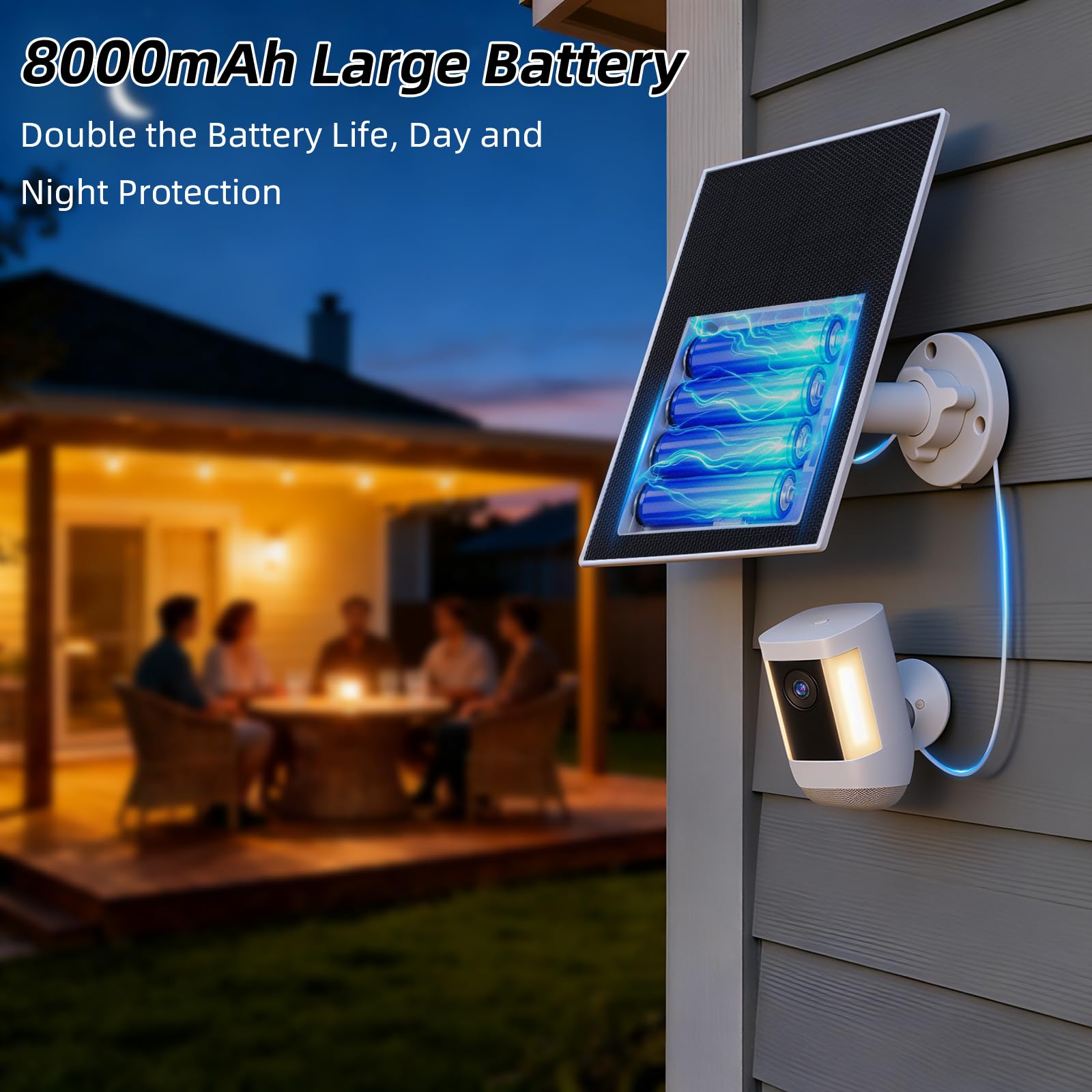 LIYVZ Paquete de 2 paneles solares de 5 W para cámara Ring para exteriores, batería de respaldo de 8000 mAh, 3,5 x 1,35 mm CC y USB C de 5 V, cargador solar para cámara Ring ETFE, impermeable IP65
