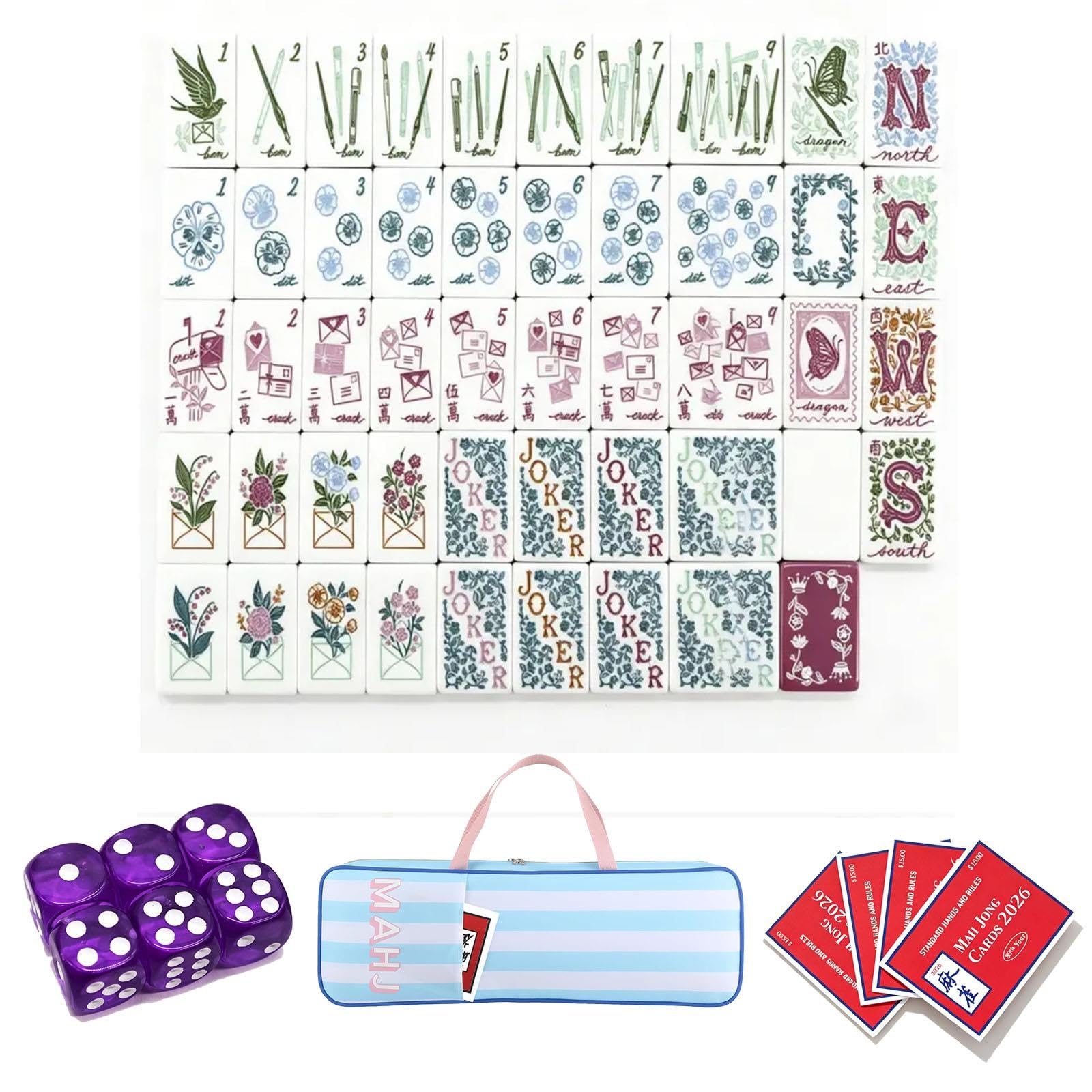 Conjunto de Mahjong Americano Floral Vintage, Azulejos de Arte en Acuarela