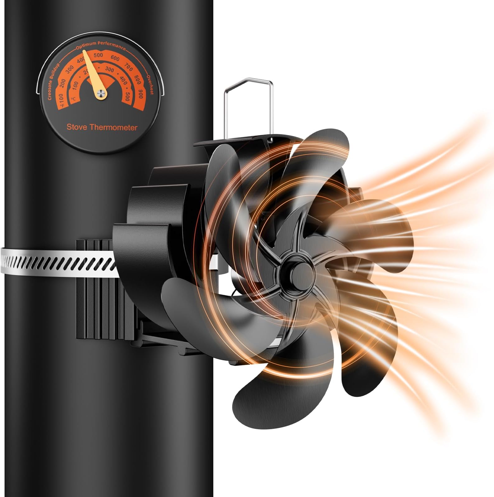 Zgrmbo Log Burner Fan, 6 Blades Heat Powered Wood Stove Fan with Magnetic Thermometer, Upgrade Chimney-Bundled Type Fireplace, Silent for Log Burner Metal Wood Stove Pipe