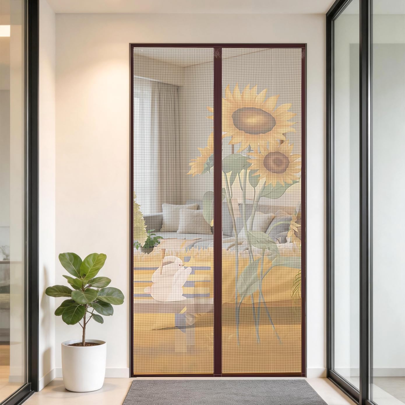 (Fine Mesh) Magnetic Screen Door 39 x 83 Inch Hands Free Door Screen with Magnetic Closure Fine Mesh Screen Net Hook and Loop Installation for Patio Porch Balcony Front Door Sunflower Rabbit Pattern