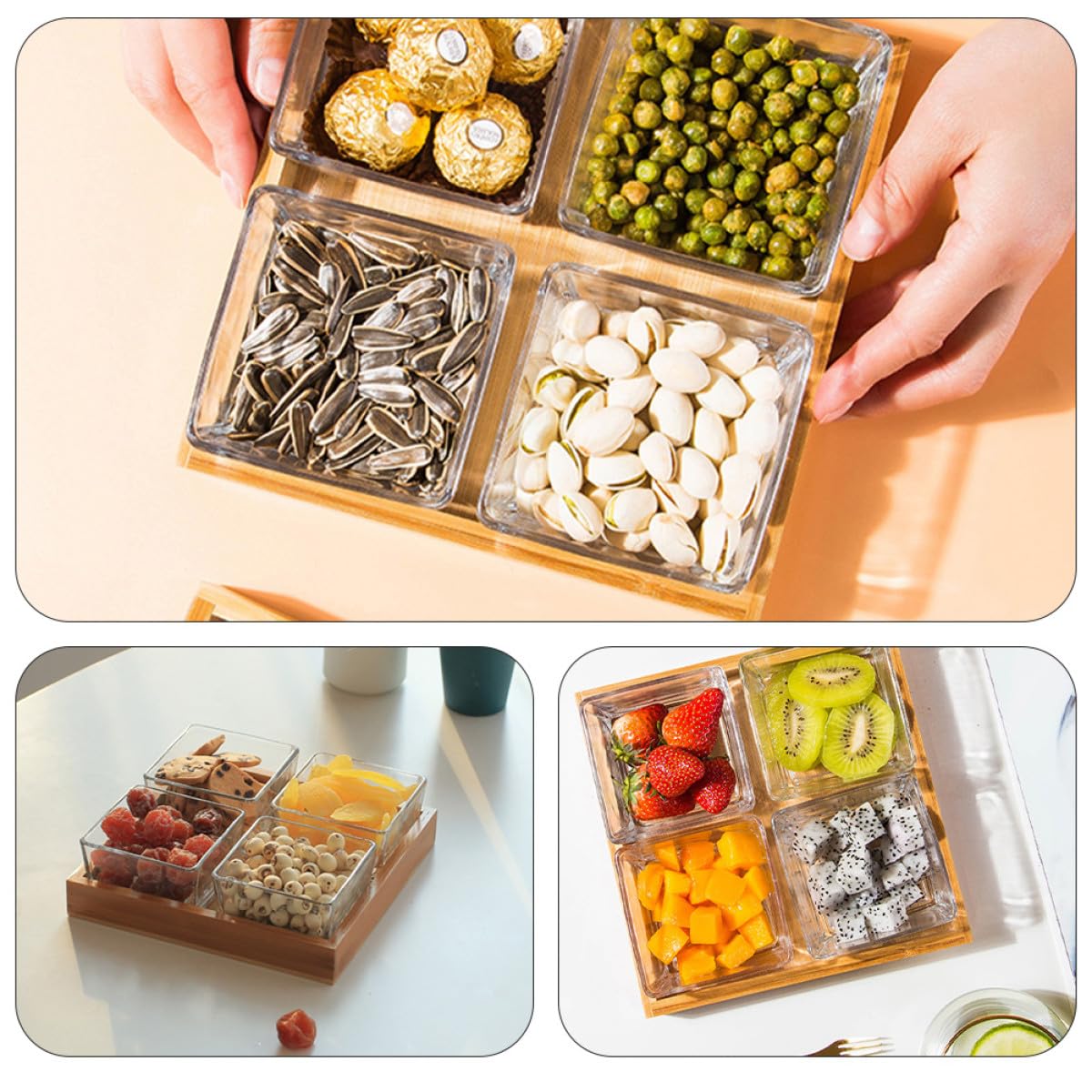 NUOBESTY Plateau à Fruits en Verre Compartimenté 4 Cases, Plateau de Service pour Fruits Secs et Noix, sans Couvercle, Multifonction pour Collations et Apéritifs, Support Couleur Aléatoire