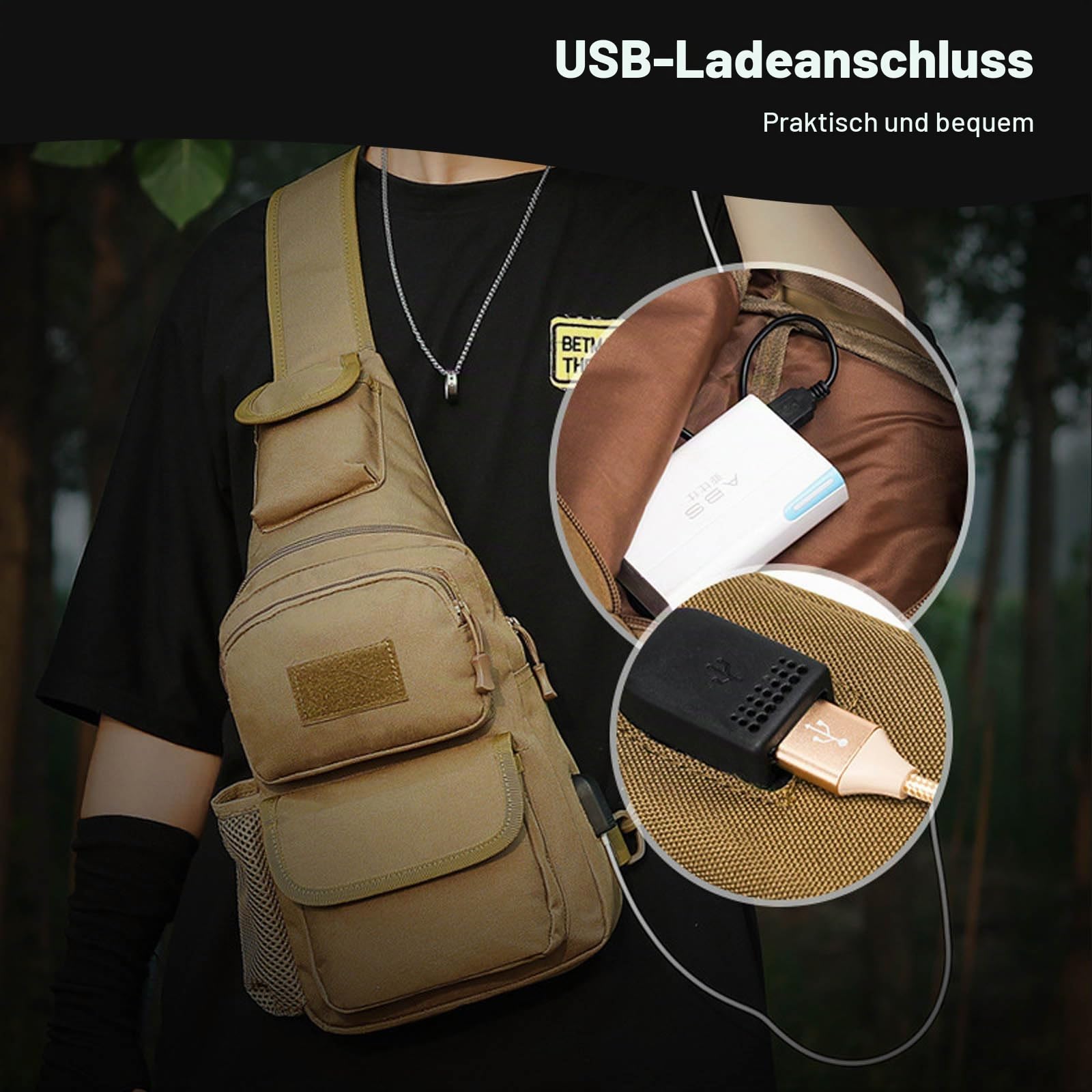 FANDARE Taktisch Brusttasche Military Schultertasche Sling Bag Herren Damen Umhängetaschen mit USB-Ladeanschluss Schultertasche Crossover Rucksack für Reisen Wandern Crossbody Pack Schwarz Camo