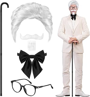 6 Pcs Men's Forum Southern Fast Food Costume Outfit Accessories Include White Wig White Beard Mustache Glasses and Tie Set for Halloween Old Man Cosplay