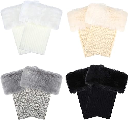 4 Pairs Women Faux Fur Trim Boot Cuff Winter Knitted Furry Top Cover Leg Warmers Girls Boot Socks