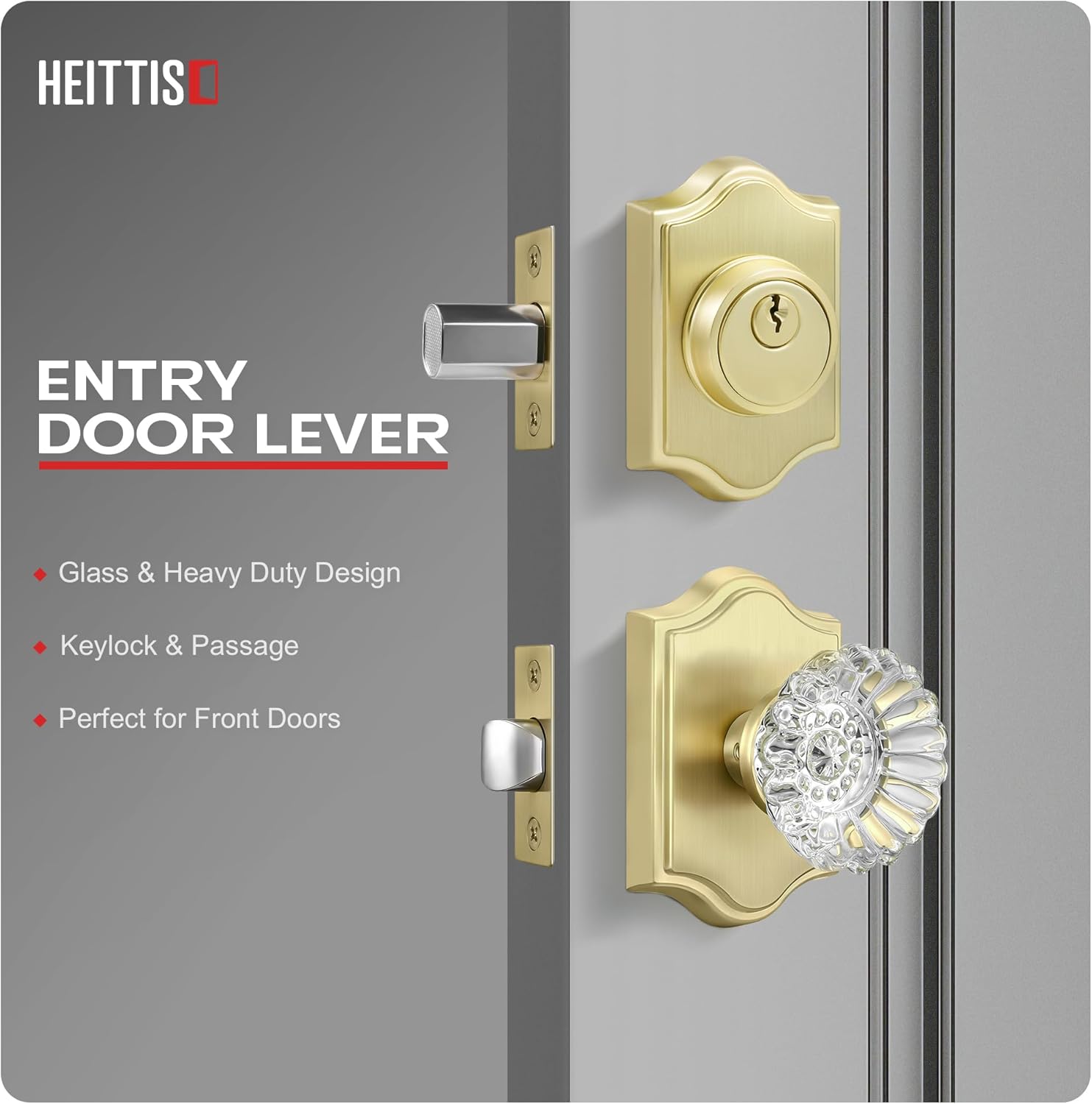 1 Pack Brass Combo Sets, Modern Gold Crystal Door Knobs Interior with Single Cylinder Deadbolt,Satin Brass Finished